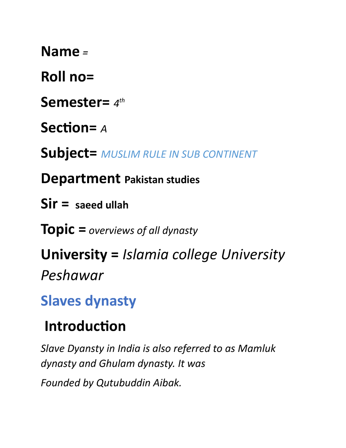 dynasty-of-muslim-name-roll-no-semester-4-th-section-a-subject