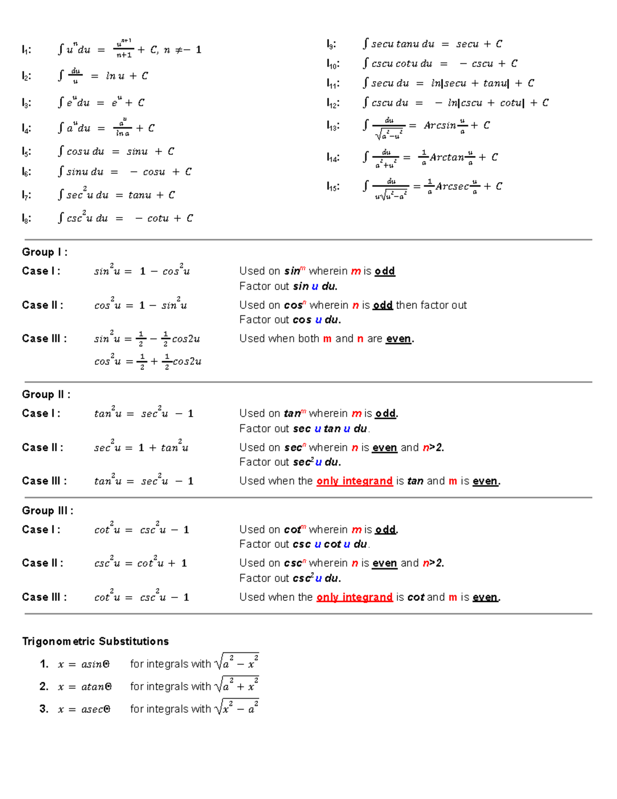 Formulas-Integral-Calculus - I 1 : ∫ 𝑢 𝑛 𝑑𝑢 = 𝑢𝑛+ 𝑛+1 + 𝐶, 𝑛 ≠− 1 I 2 ...