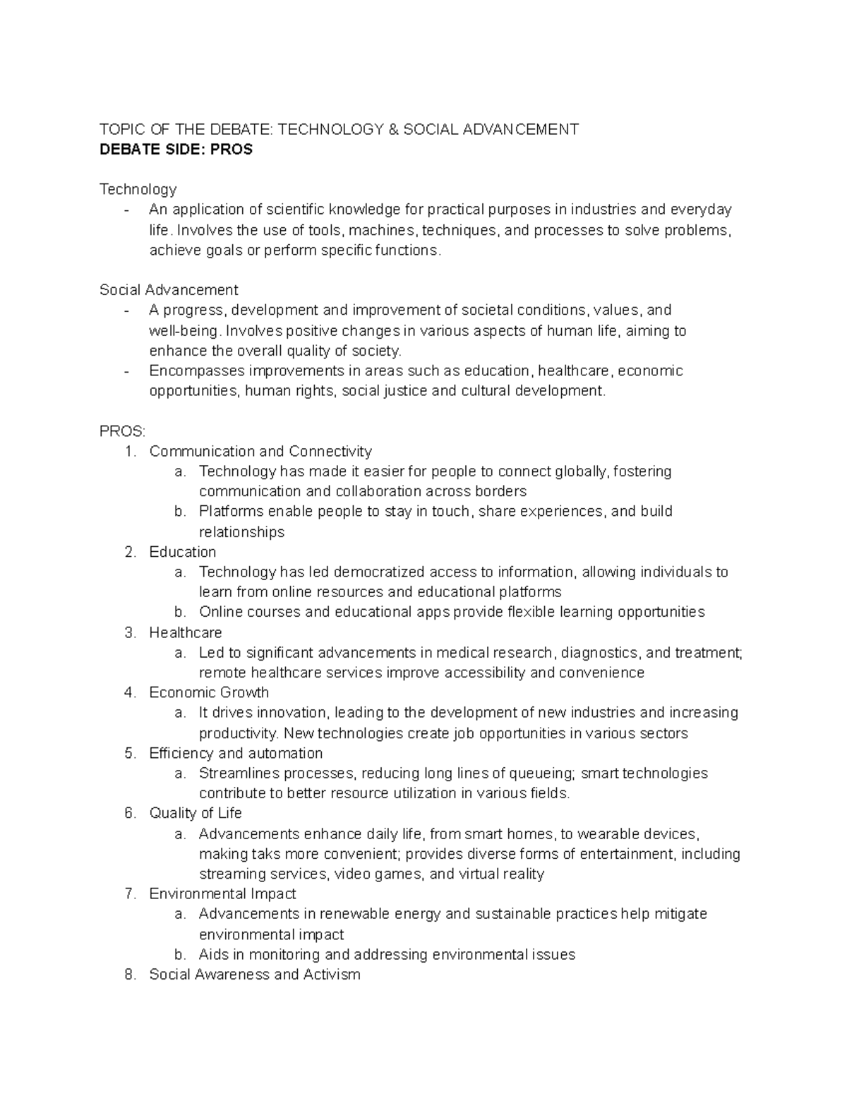Technology & Social Advancement - TOPIC OF THE DEBATE: TECHNOLOGY ...