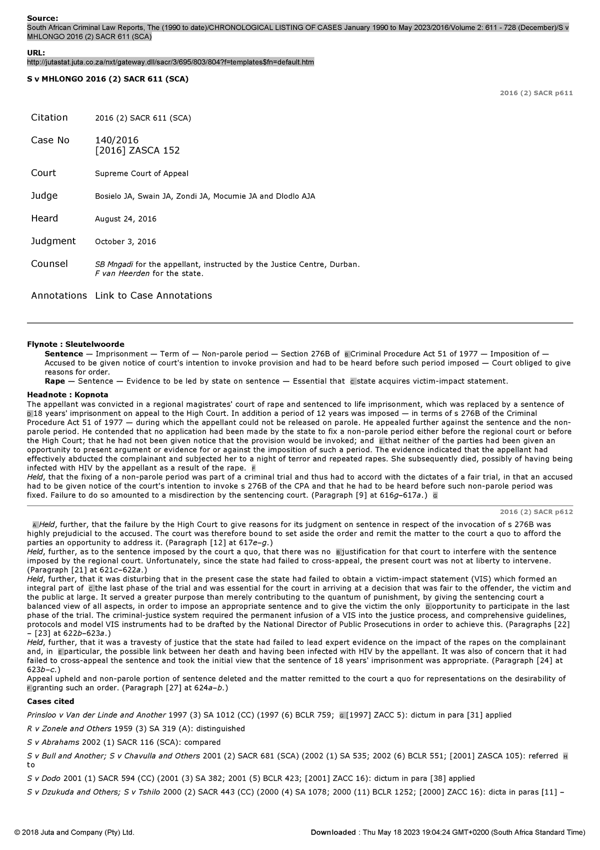 s-v-mhlongo-2016-2-sacr-611-sca-source-south-african-criminal