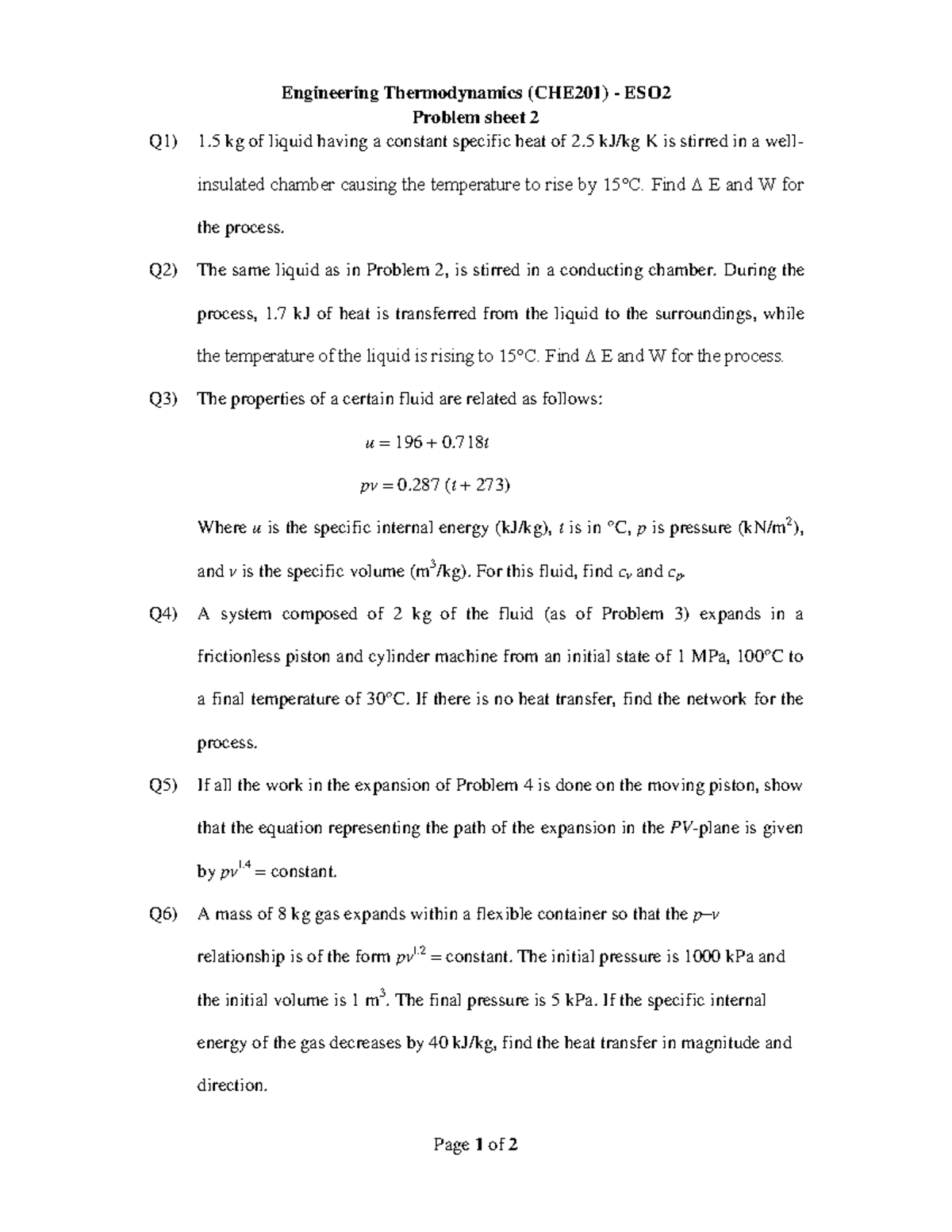 Assignment 1b - Problem Sheet 2 - Engineering Thermodynamics (CHE201 ...