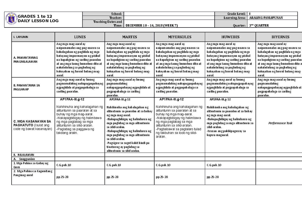 DLL Araling Panlipunan 1 Q3 W7 - GRADES 1 to 12 DAILY LESSON LOG School ...