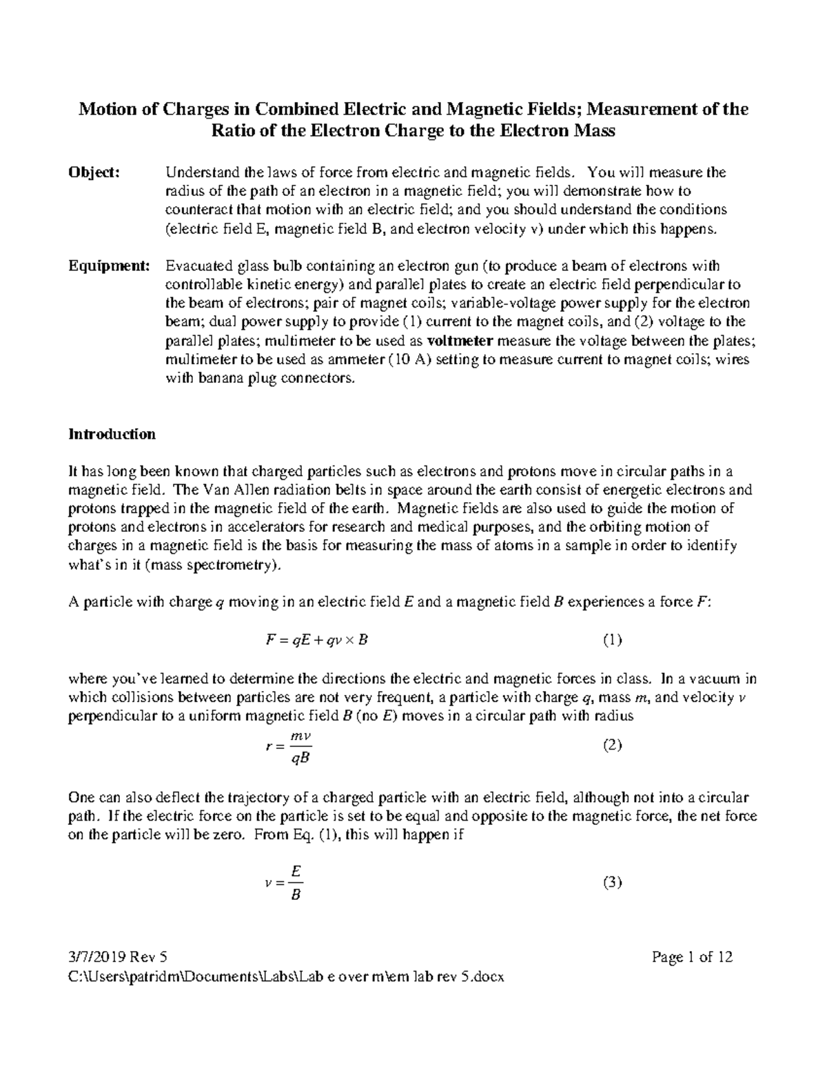 Em lab - Motion of Charges in Combined Electric and Magnetic Fields ...