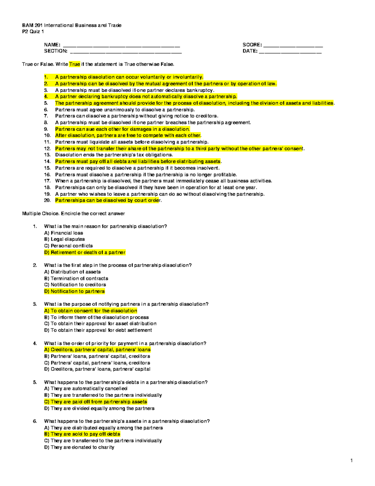 P2-Quiz-1wkey201 - solman - 1 BAM 201 International Business and Trade ...