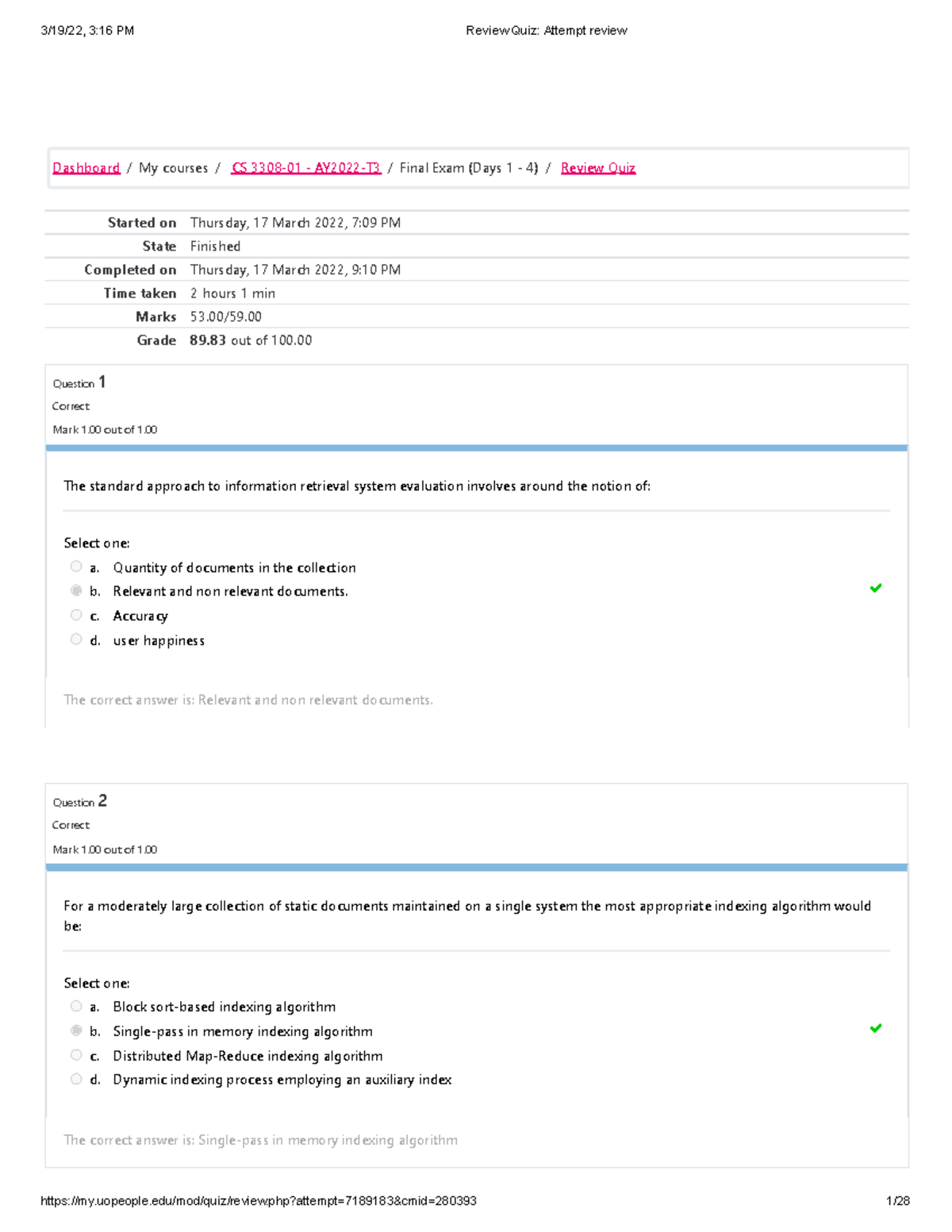 CS 3308 Review Quiz Attempt review - Started on Thursday, 17 March 2022 ...