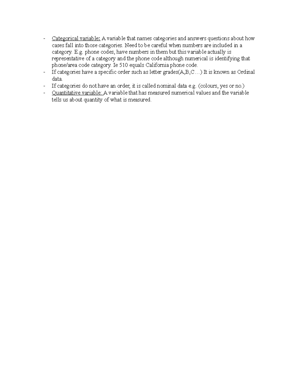 Stats cont - notes - Categorical variable: A variable that names ...
