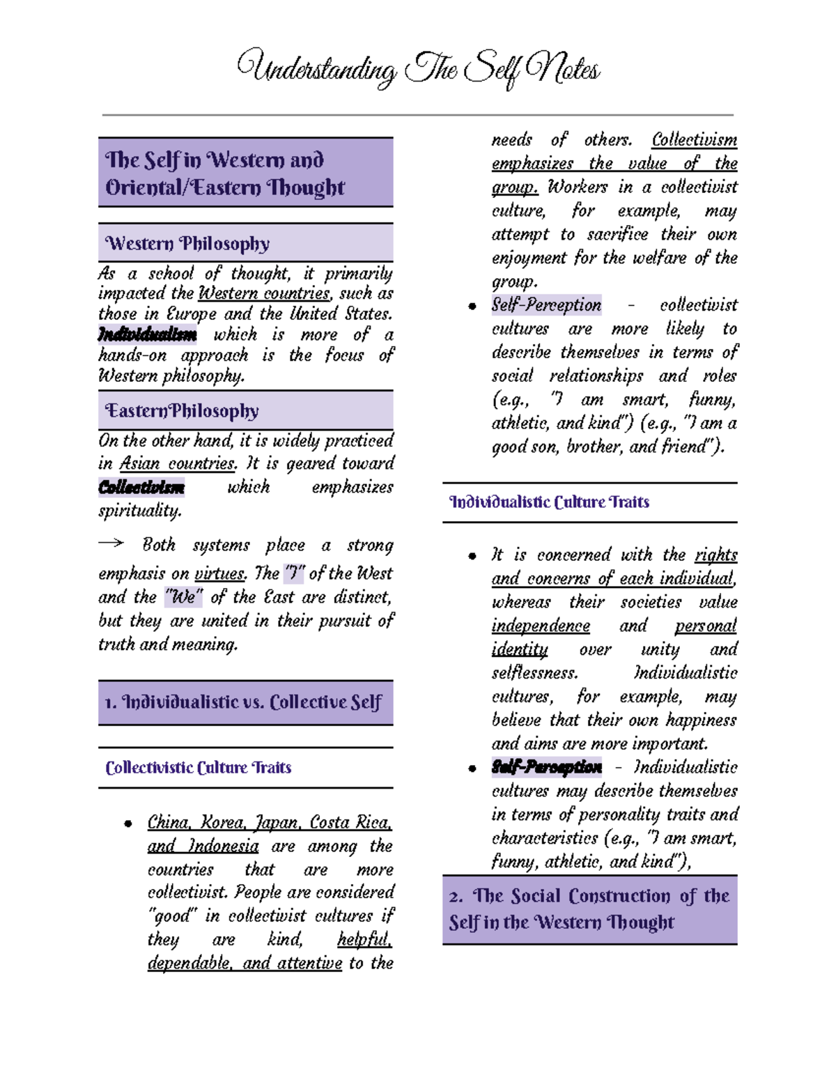 Understanding The Self Notes - The Self in Western and Oriental/Eastern ...