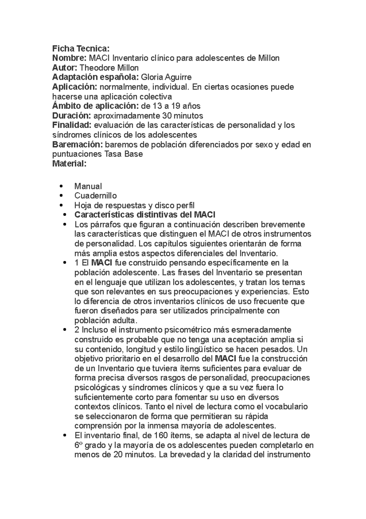 MACI Inventario clínico para adolescentes de Millon - Ficha Tecnica ...