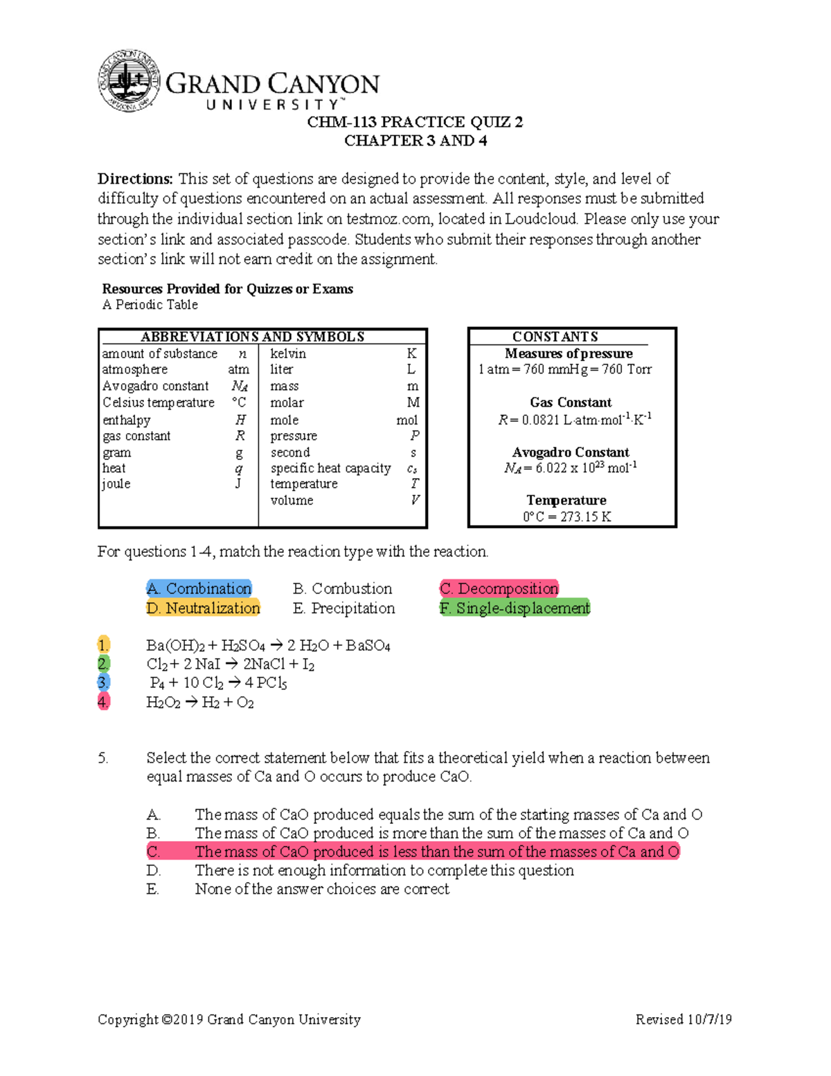 CHM113 PQ2 Ch3and4 - CHM-113 PQ2 Ch3 Ch4 - CHM-113 PRACTICE QUIZ 2 ...