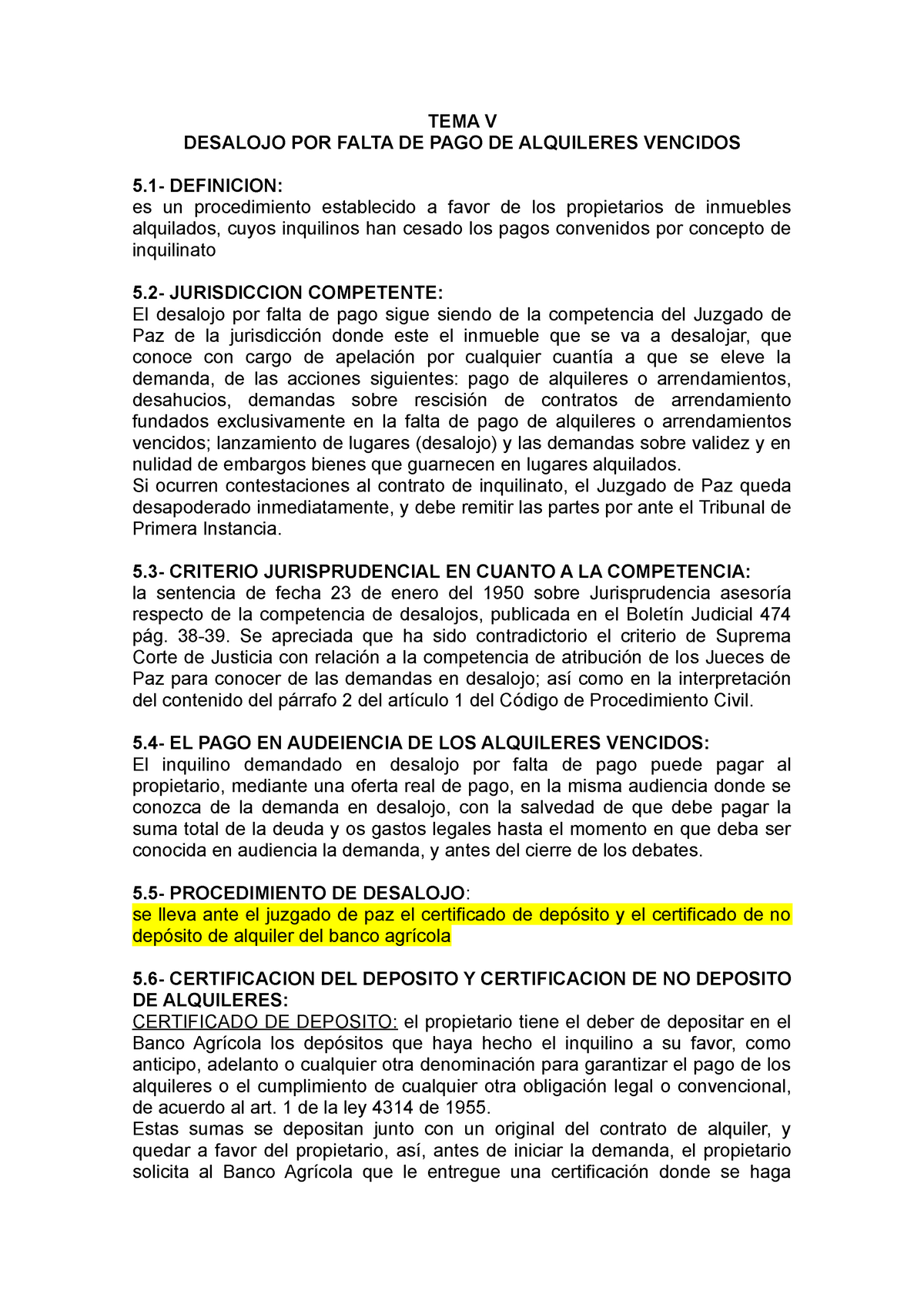 TEMA V; Desalojo POR Falta DE PAGO DE Alquileres Vencidos - TEMA V DESALOJO  POR FALTA DE PAGO DE - Studocu