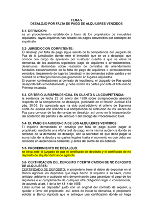 TEMA V; Desalojo POR Falta DE PAGO DE Alquileres Vencidos - TEMA V DESALOJO  POR FALTA DE PAGO DE - Studocu