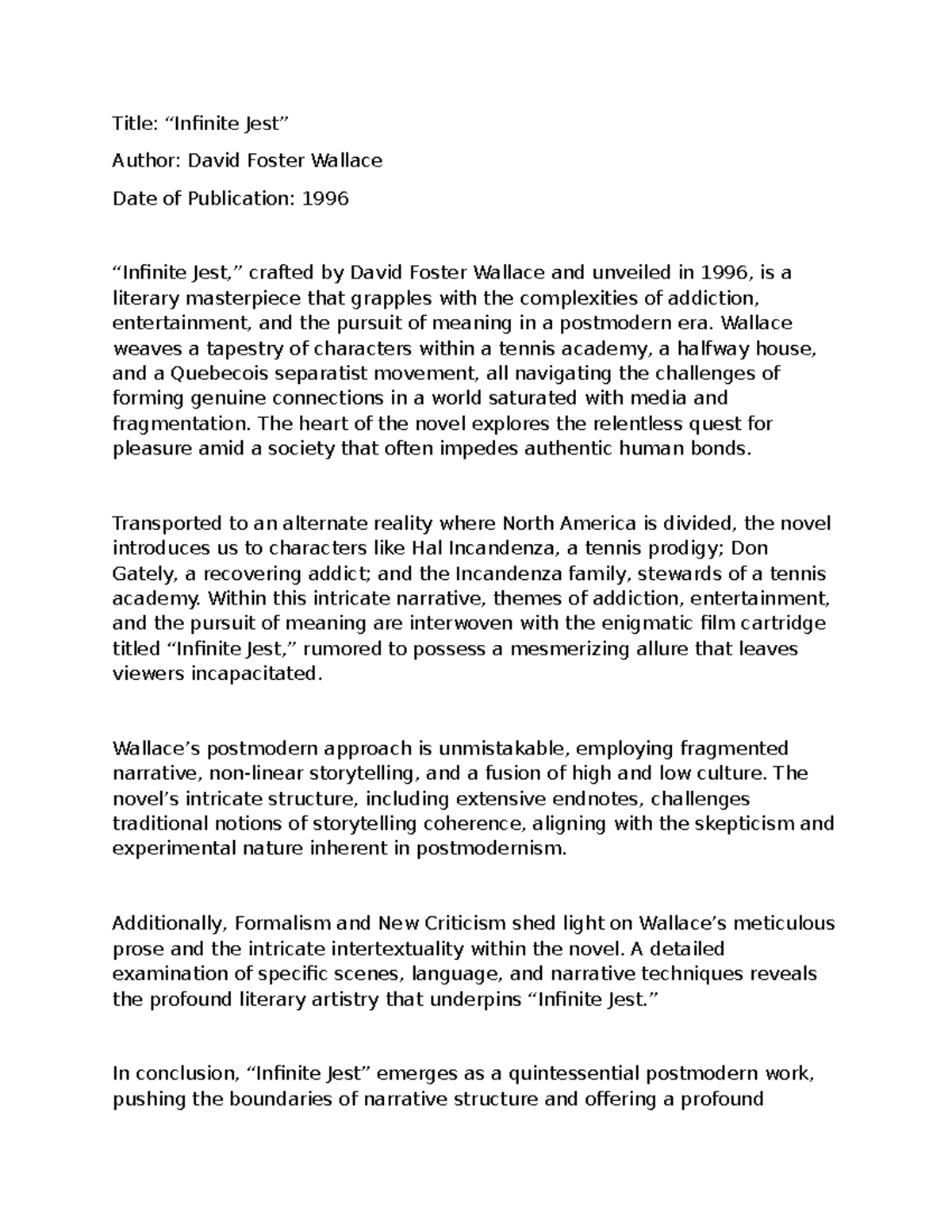 Critical Analysis (Infinite Jest) Title “Infinite Jest” Author