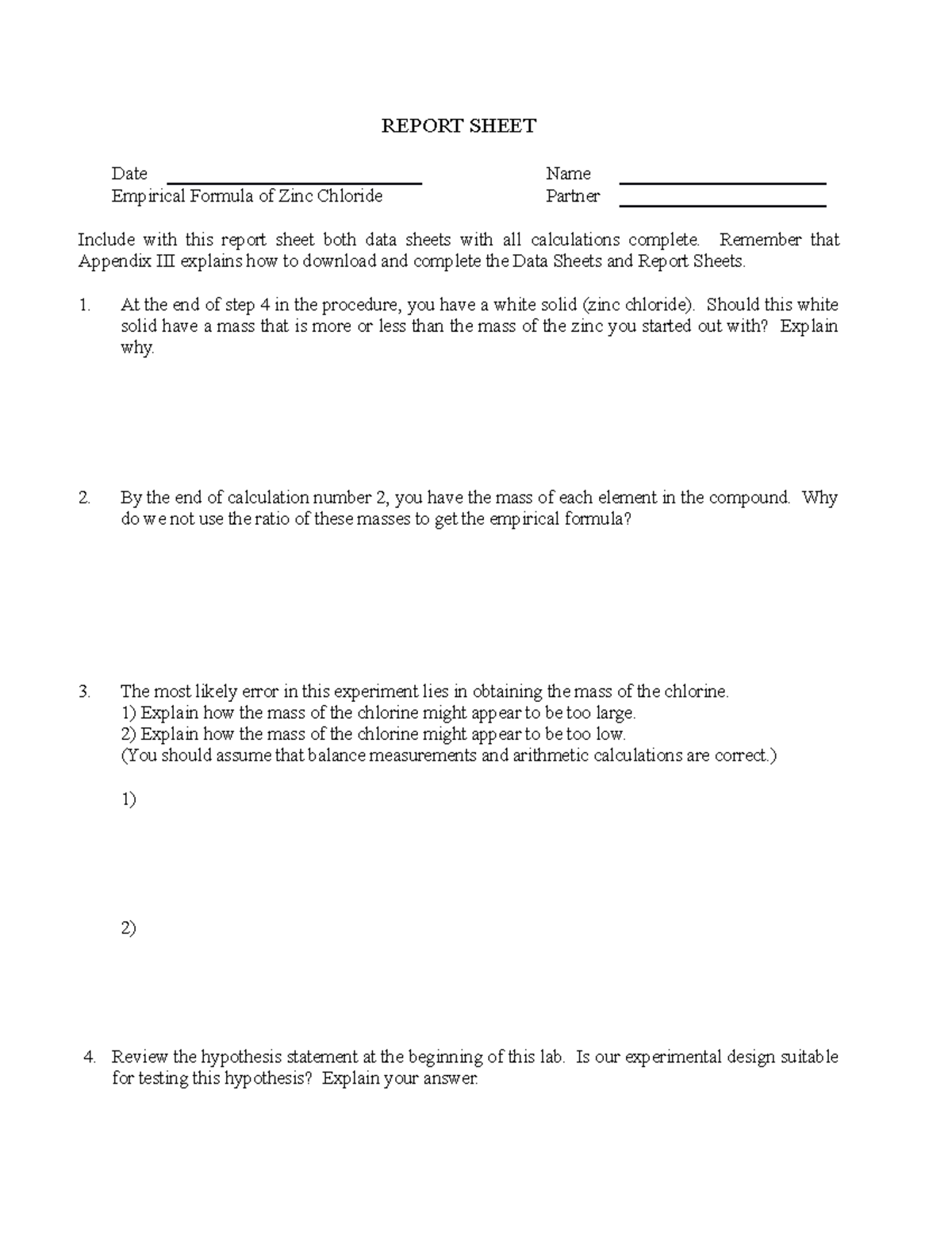 Zinc Chloride report sheet REPORT SHEET Date Name Empirical Formula