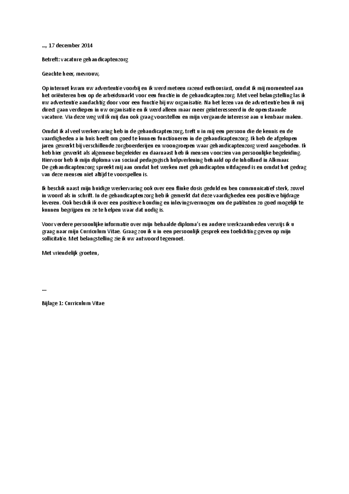 Verplichte Opgaven Sollicitatie Brief 17 December 2014 Betreft Vacature Gehandicaptenzorg Studeersnel