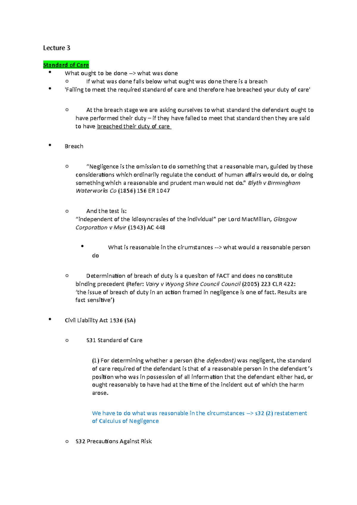 Tort Law Exam Full Lecture Notes - Lecture 3 Standard of Care What ...