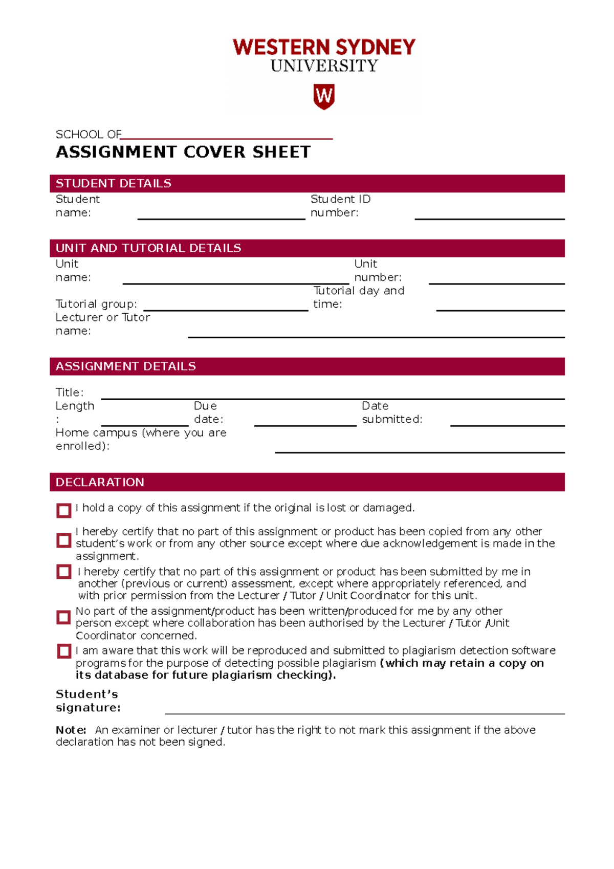 Assignment cover sheet - SCHOOL OF ASSIGNMENT COVER SHEET STUDENT ...