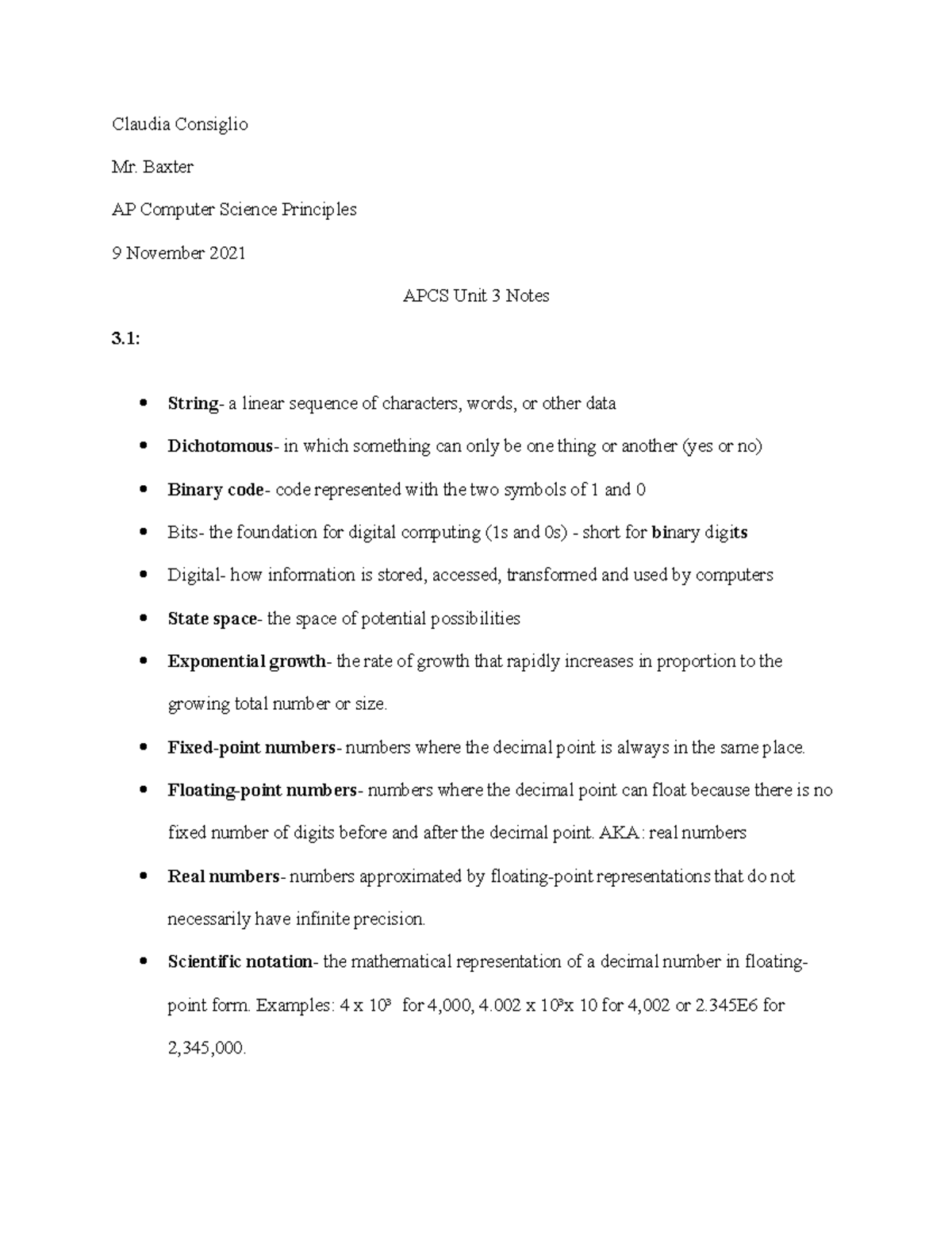 AP Computer Science Principles Unit 3 Notes Claudia Consiglio Mr