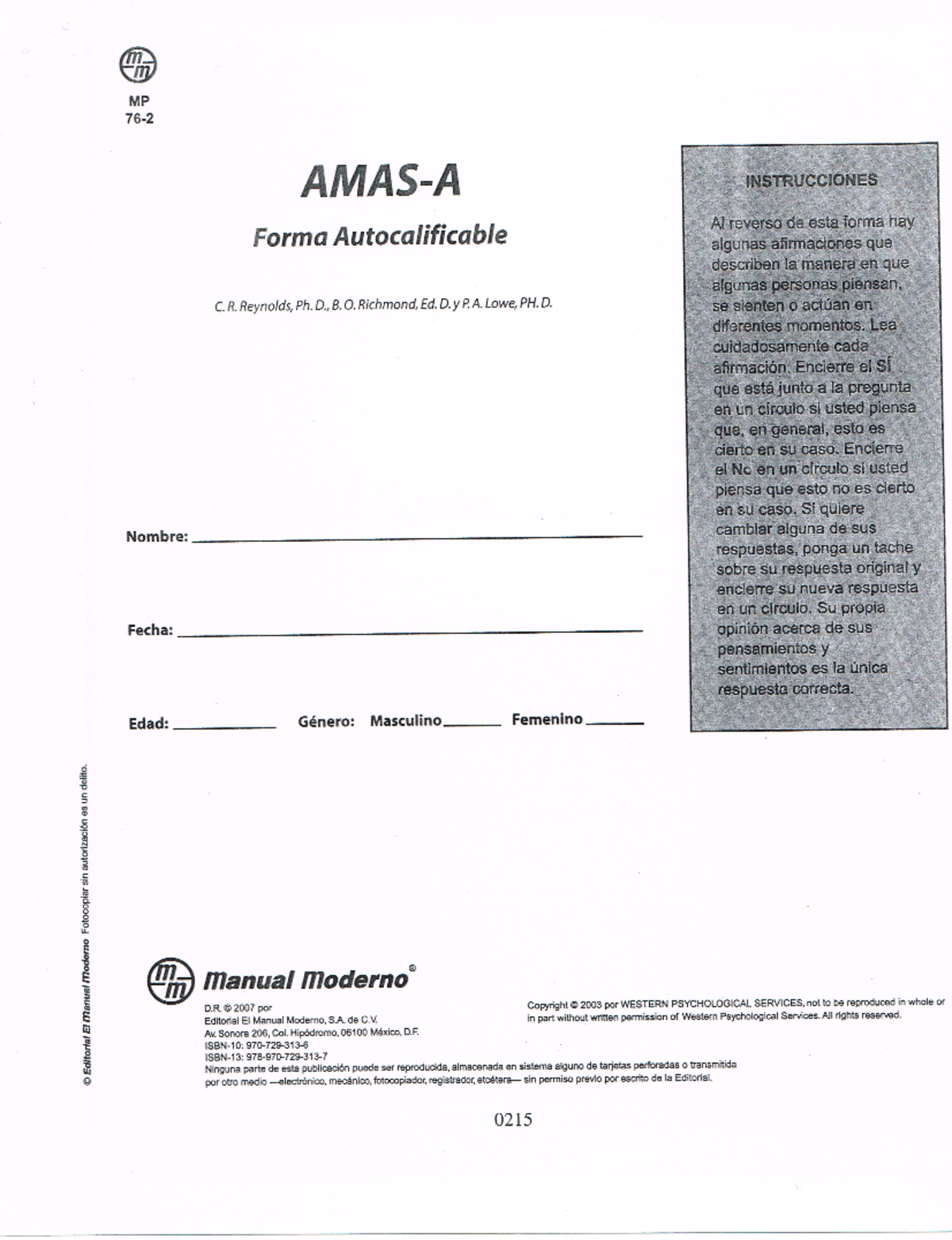 AMAS-A - Test de ansiedad - Psicologia Medica - Studocu
