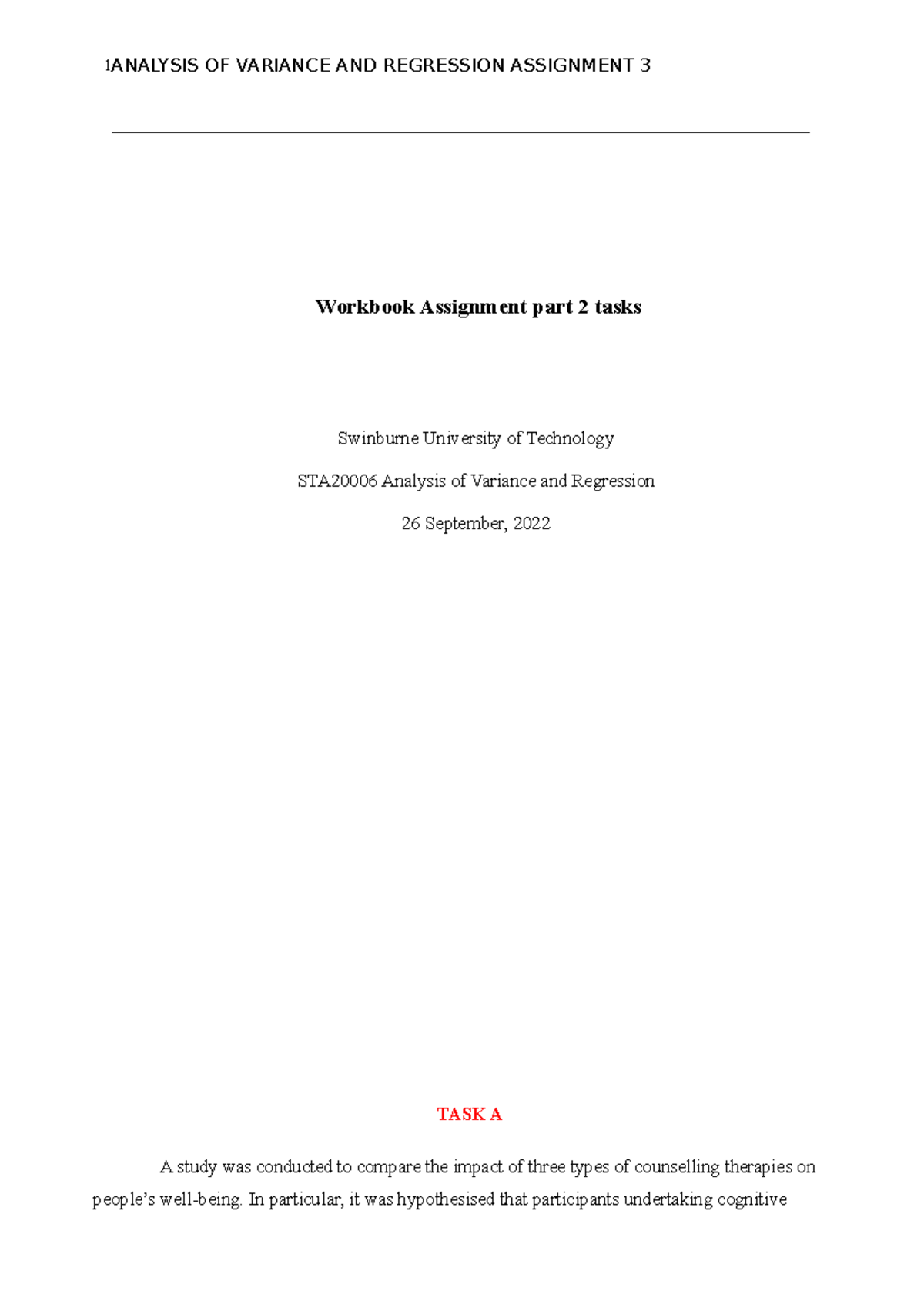 STA20006 Assignment 3: Workbook assignment part 2 - Workbook Assignment ...