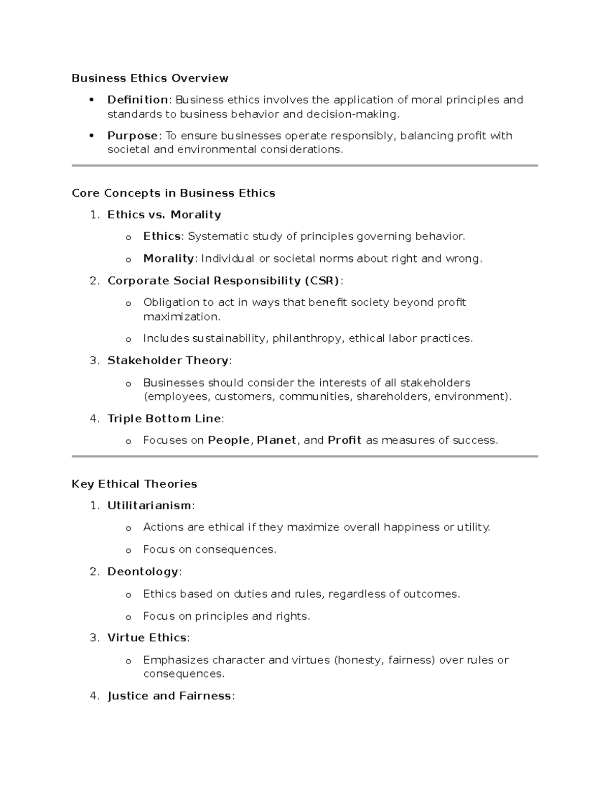 Business Ethics Overview - Purpose: To ensure businesses operate ...