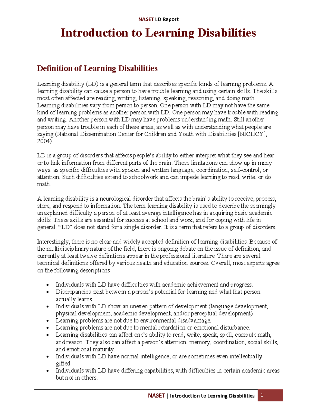 LD Report 1 Intro to LD - Special education - Introduction to Learning ...