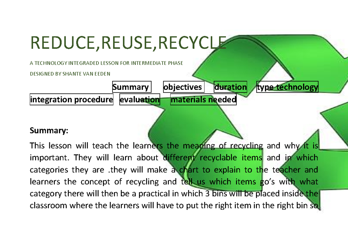 Reduce 1 lesson planning - REDUCE,REUSE,RECYCLE A TECHNOLOGY INTEGRADED ...