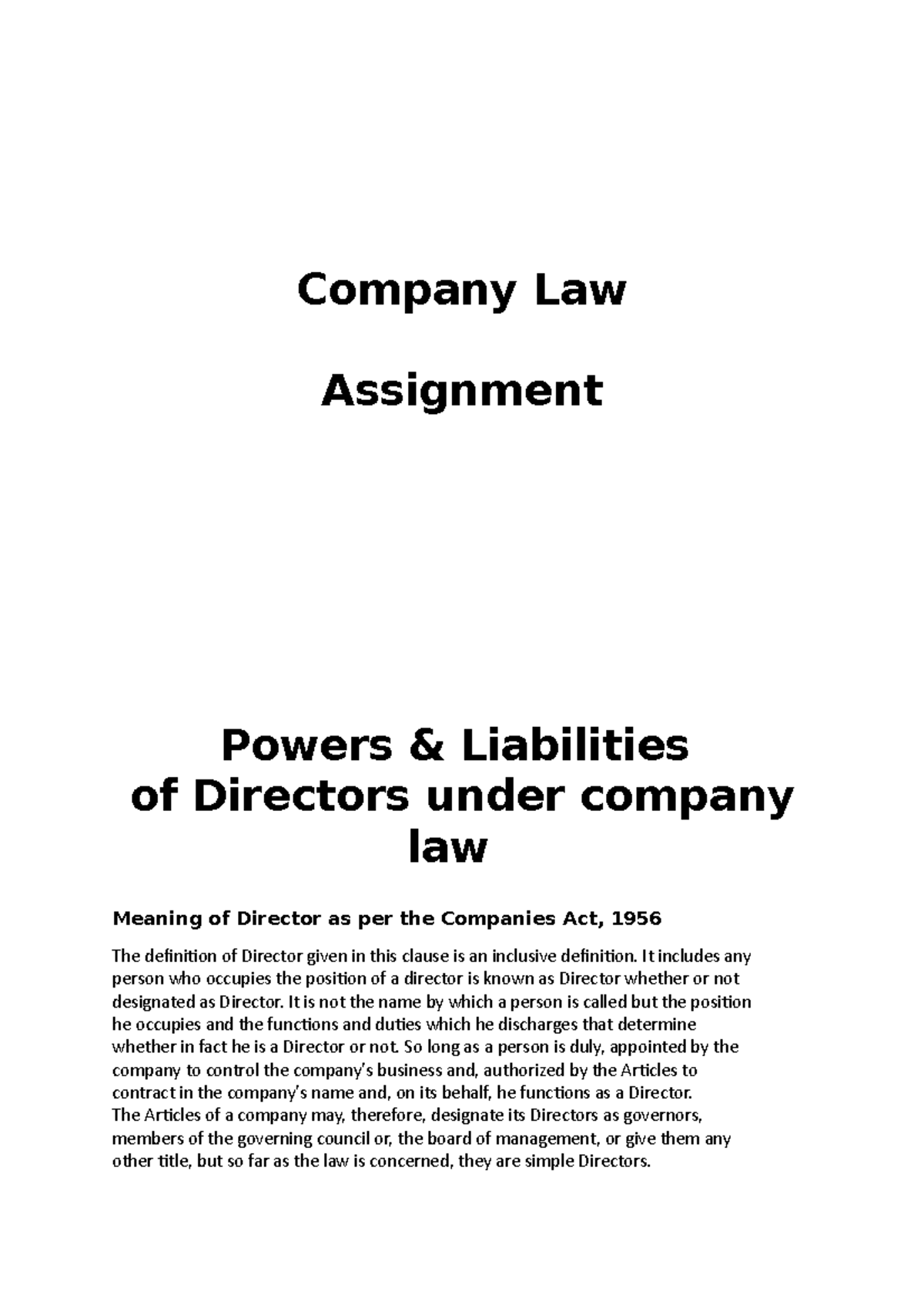 Company law assingment Company Law Assignment Powers & Liabilities of