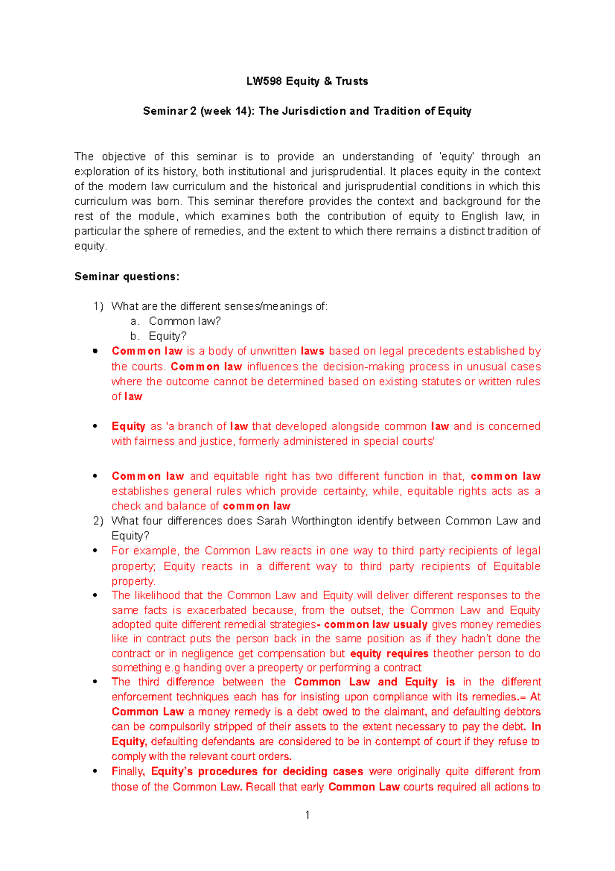 LW598 Equity and Trusts - seminar 2 worksheet (week 14) - The ...