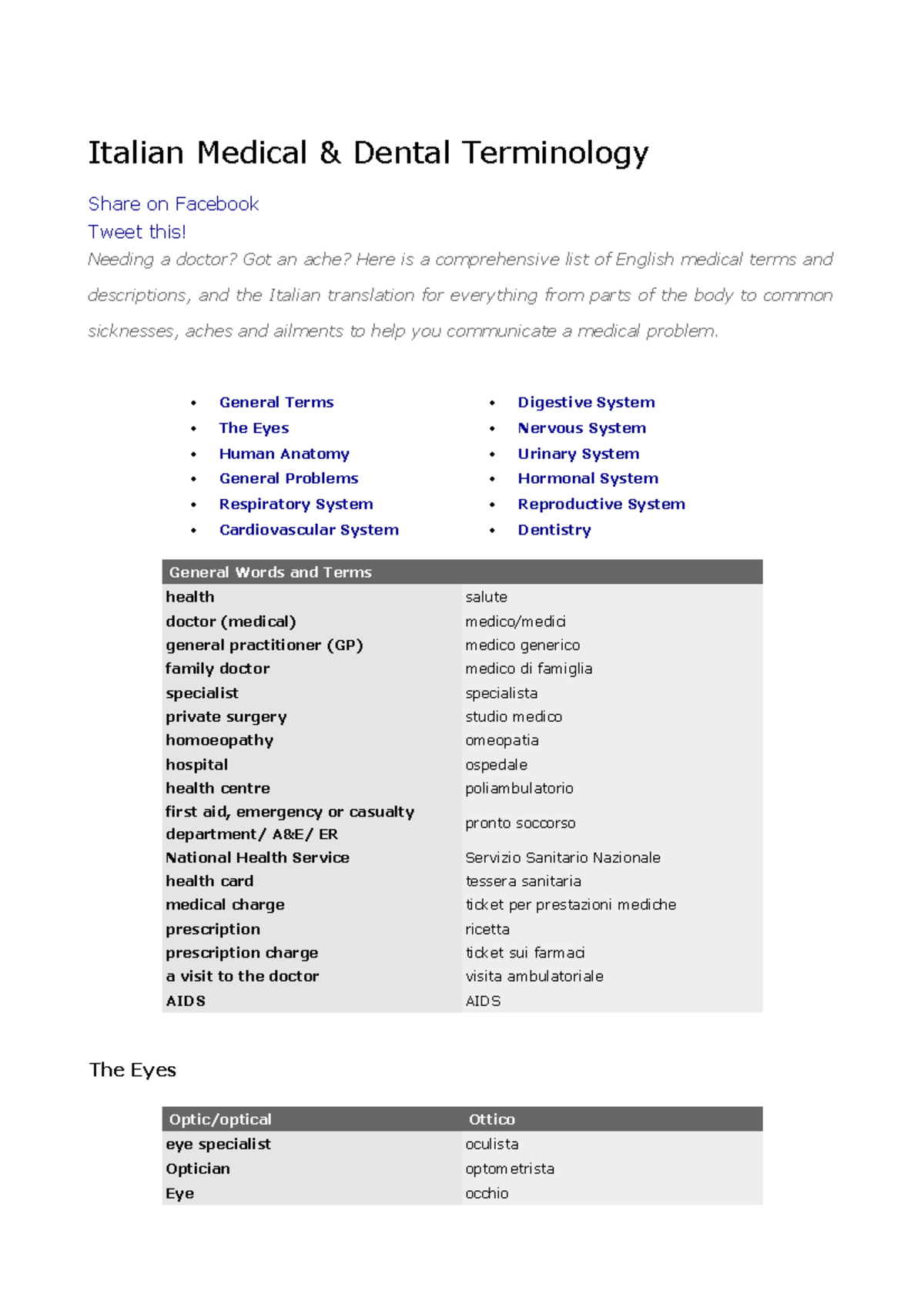 Italian Medical and dental terminology Italian Medical & Dental