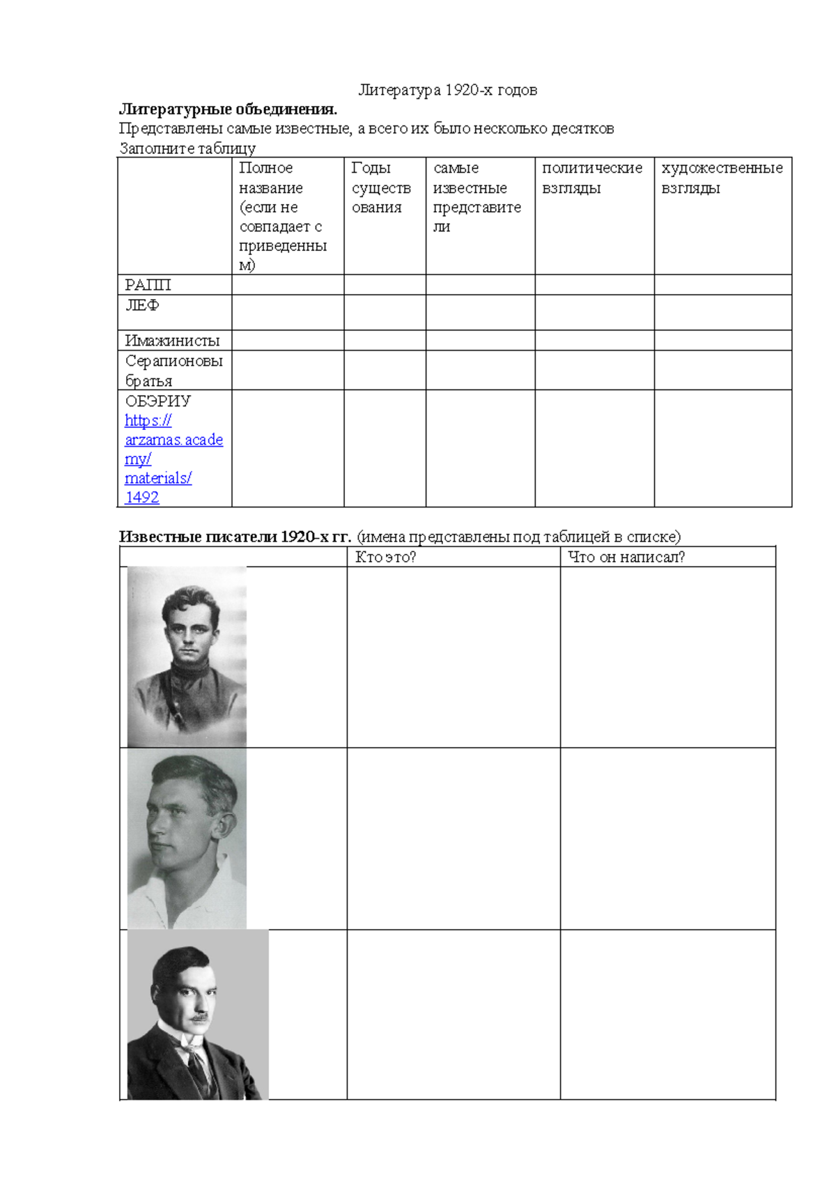 Задание Литература 20-х гг - Литература 1920-х годов Литературные  объединения. Представлены самые - Studocu