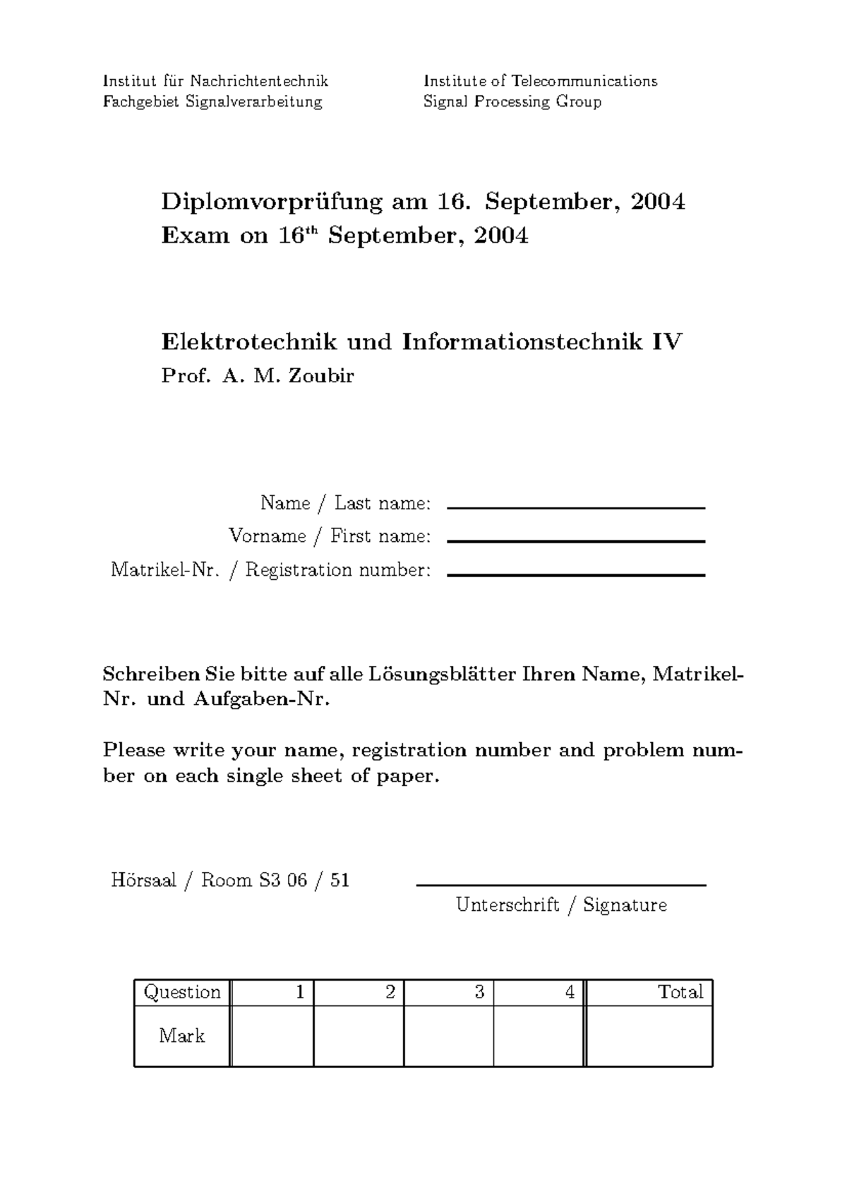 Exam2004 Alte Klausur aus einem anderen Fach aber die Aufgaben sind