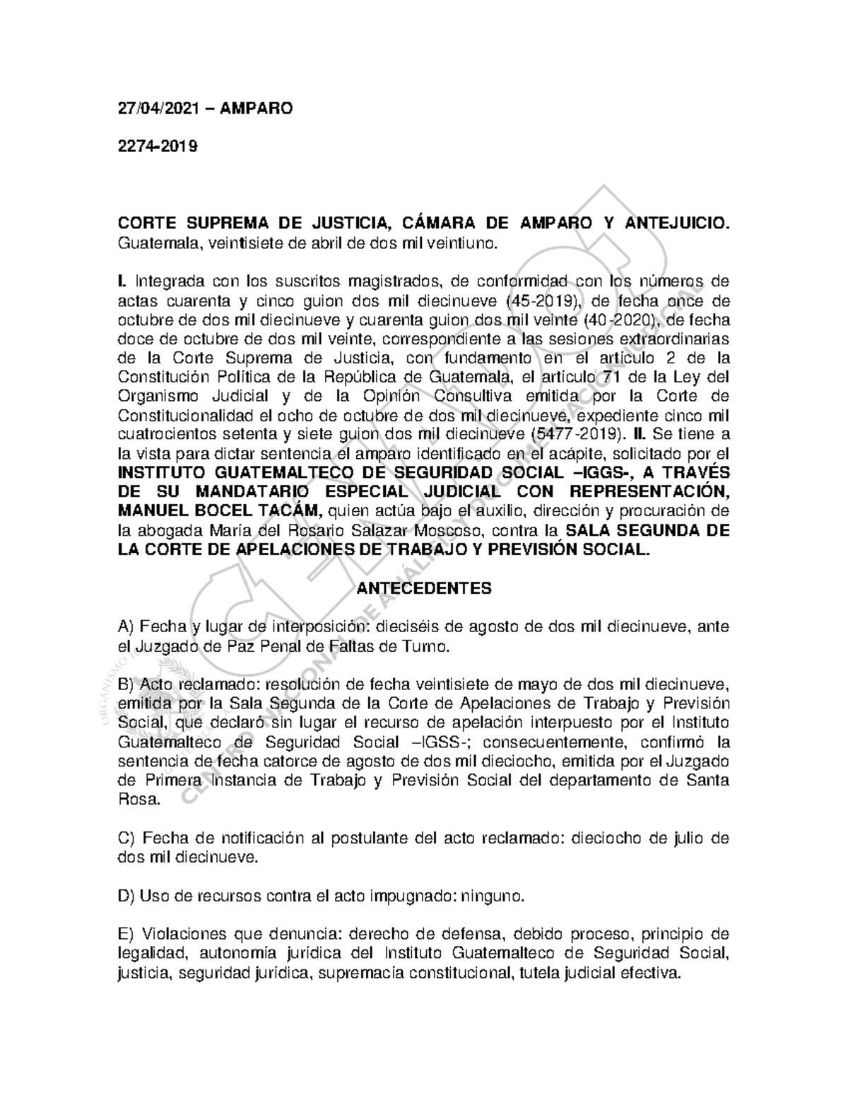 Amparo Sentencia - 27/04/2021 – AMPARO 2274 - 2019 CORTE SUPREMA DE ...