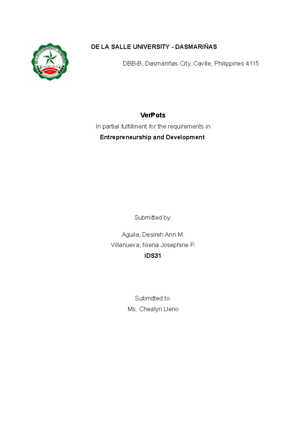 Entrep feasib paper - Lecture notes 1-3 - DE LA SALLE UNIVERSITY ...