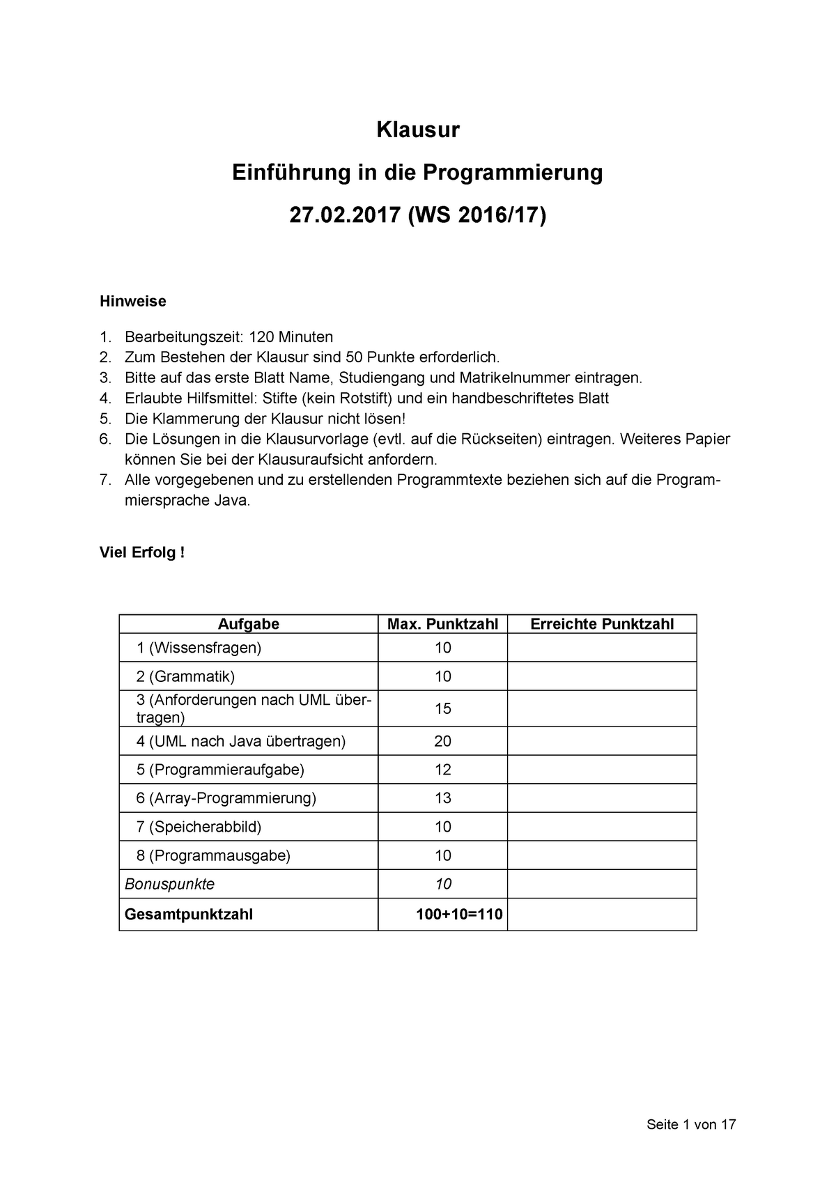 07 Eip Klausur 27 - Klausur Einführung In Die Programmierung 27 (WS ...