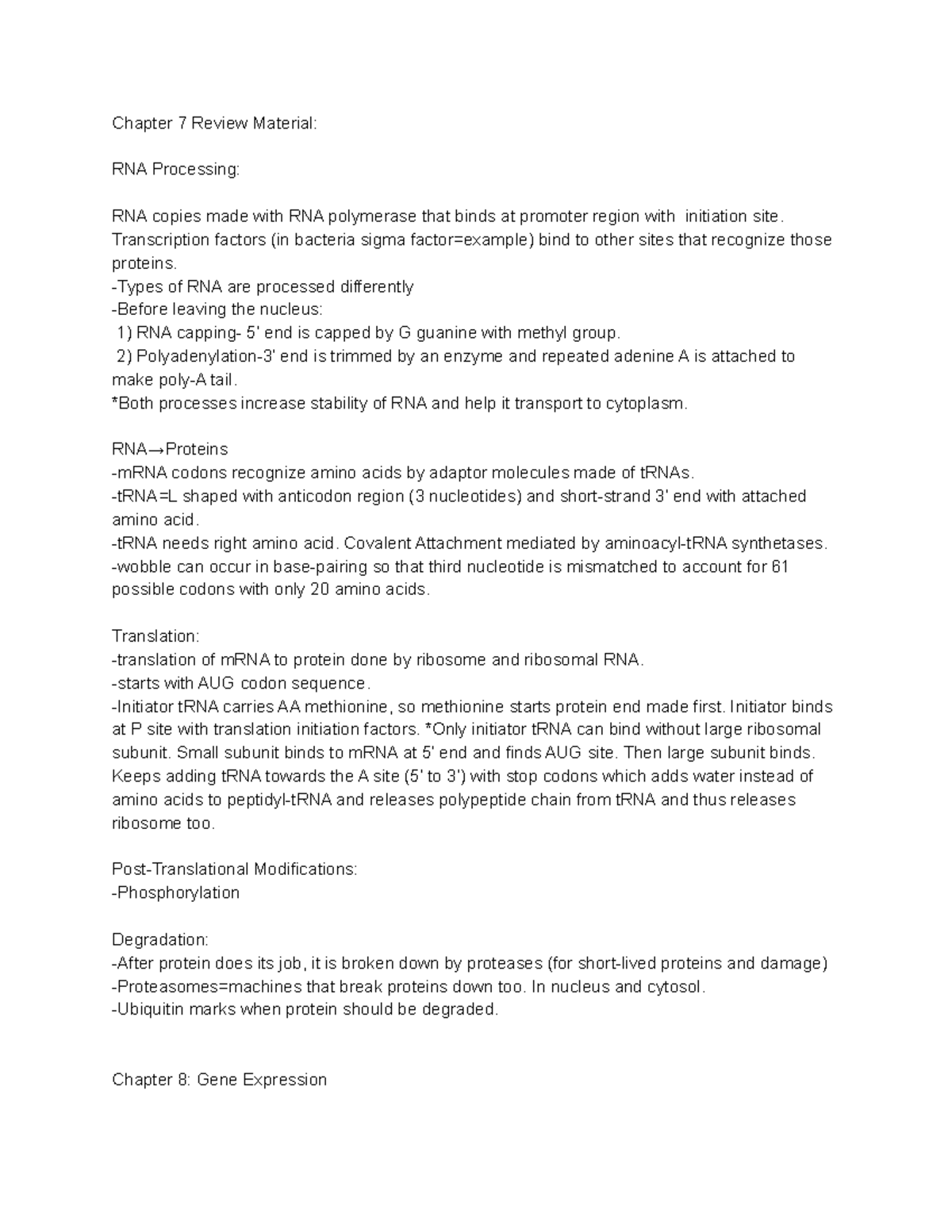 Exam Two Study Guide - Chapter 7 Review Material: RNA Processing: RNA ...