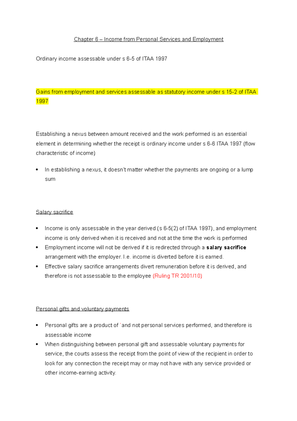 Chapter 6 – Income from Personal Services and Employment notes Income ...