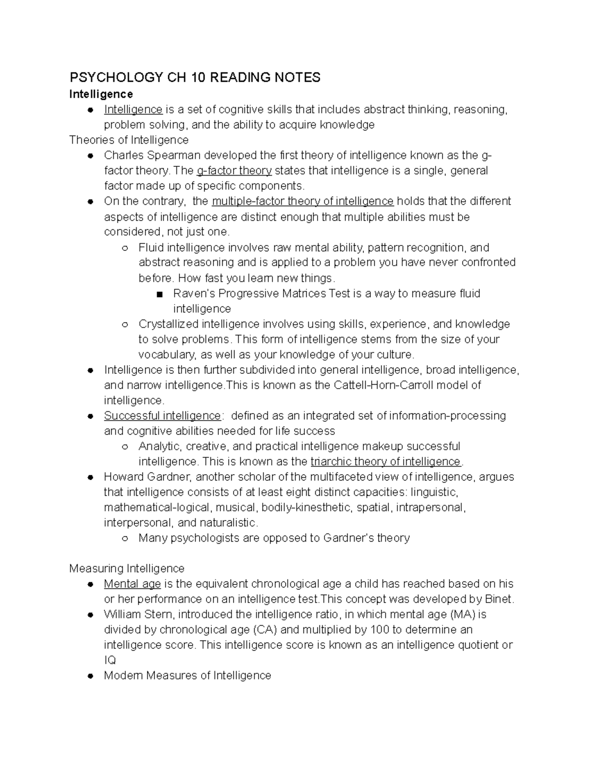 Psychology CH 10 Reading Notes - PSYCHOLOGY CH 10 READING NOTES ...