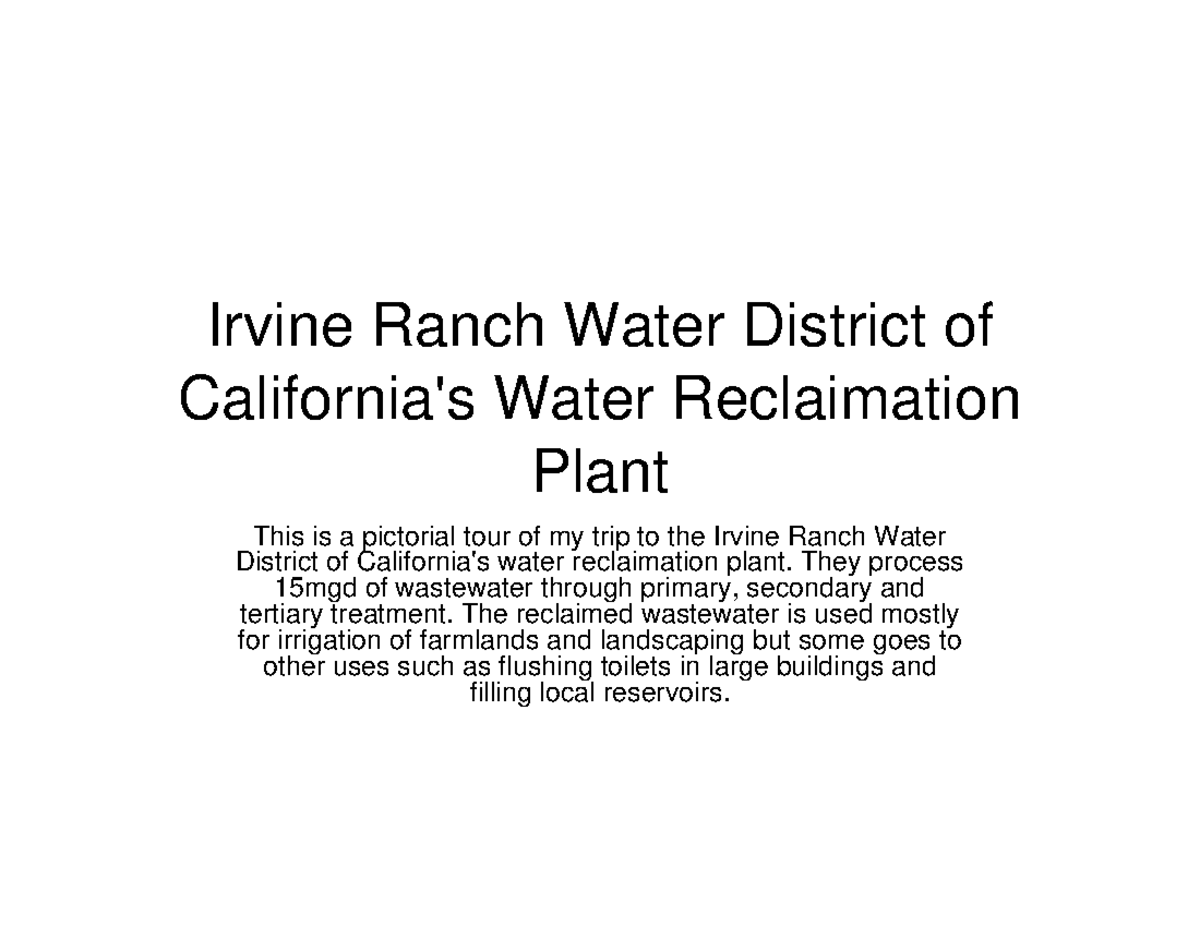 Wastewater project Irvine Ranch Water District of California's Water