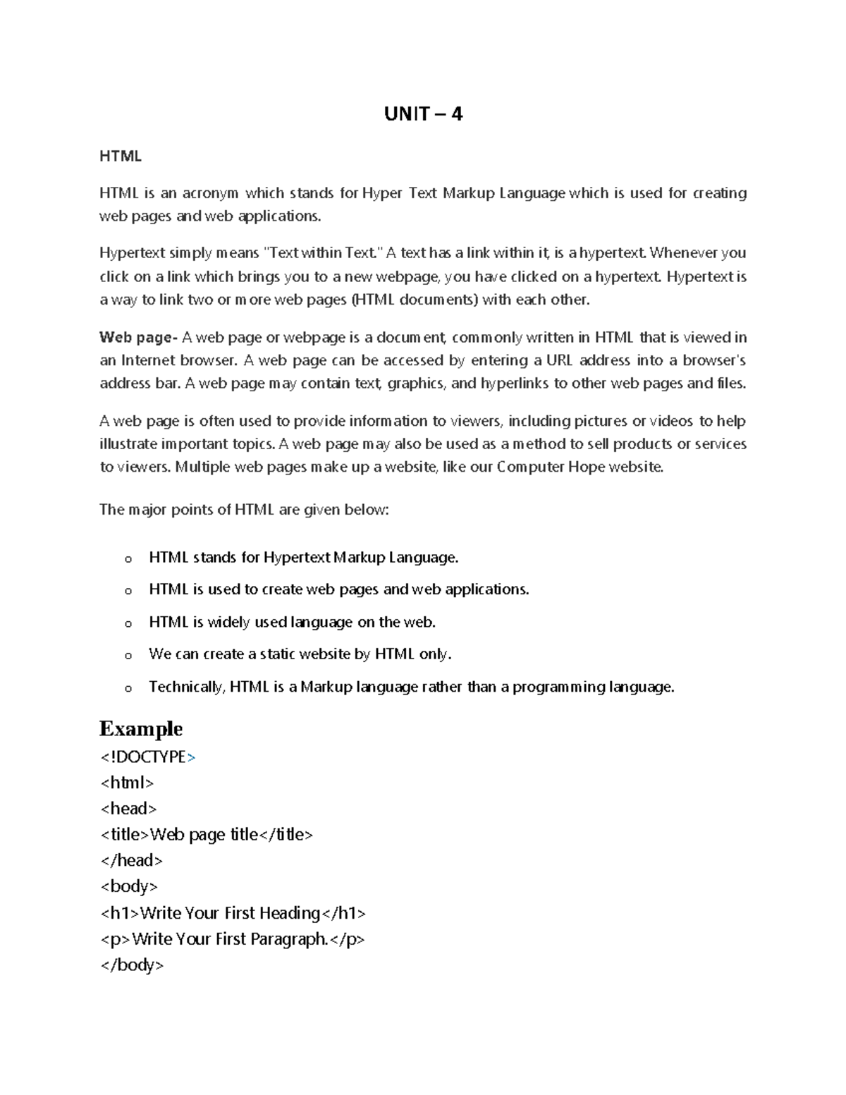 Notes Java-1 - UNIT – 4 HTML HTML is an acronym which stands for Hyper ...