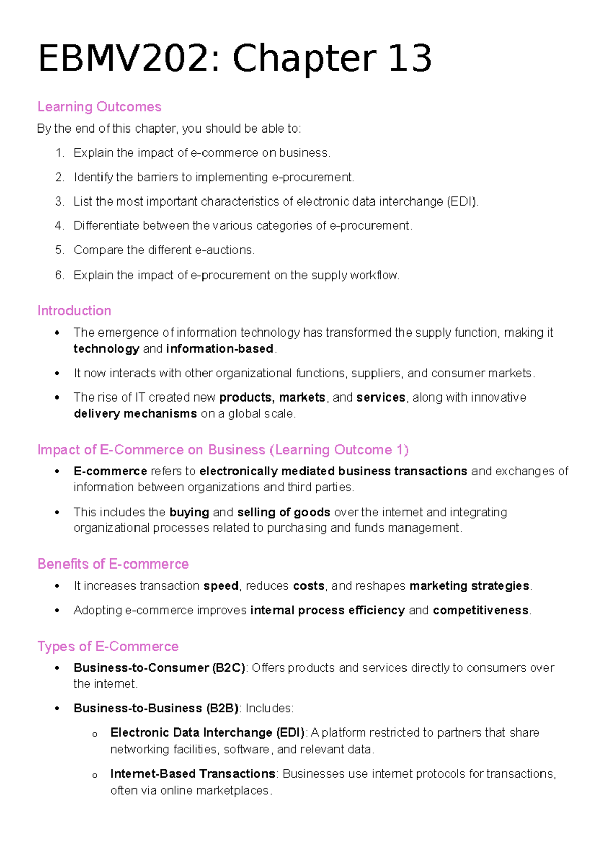 EBMV202 Chapter 13 - EBMV202: Chapter 13 Learning Outcomes By the end ...