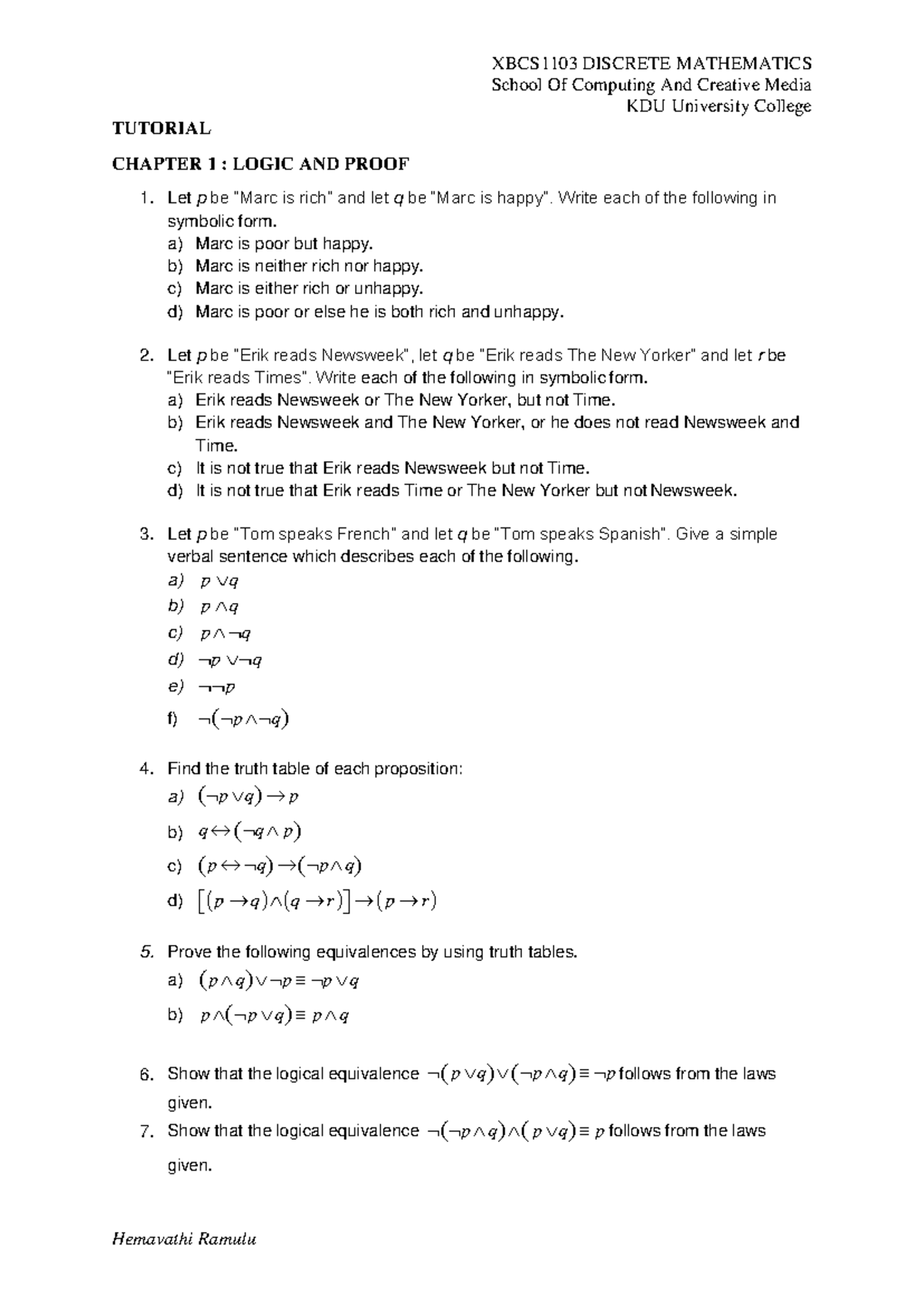 XBCS1103 Chapter 1 Tutorial TUTORIAL CHAPTER 1 LOGIC AND PROOF