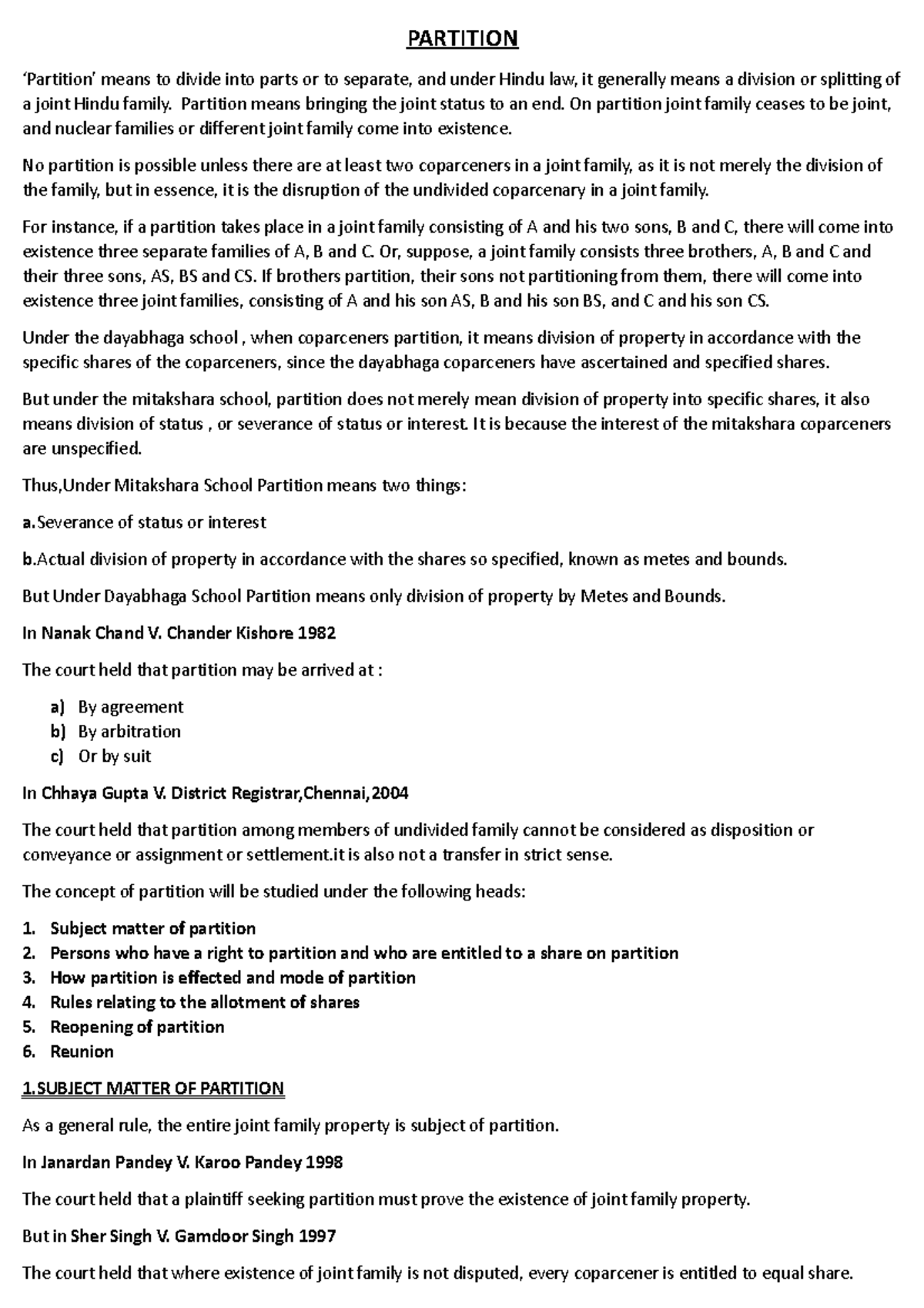 Partition Notes for Family law II PARTITION ‘Partition’ means to