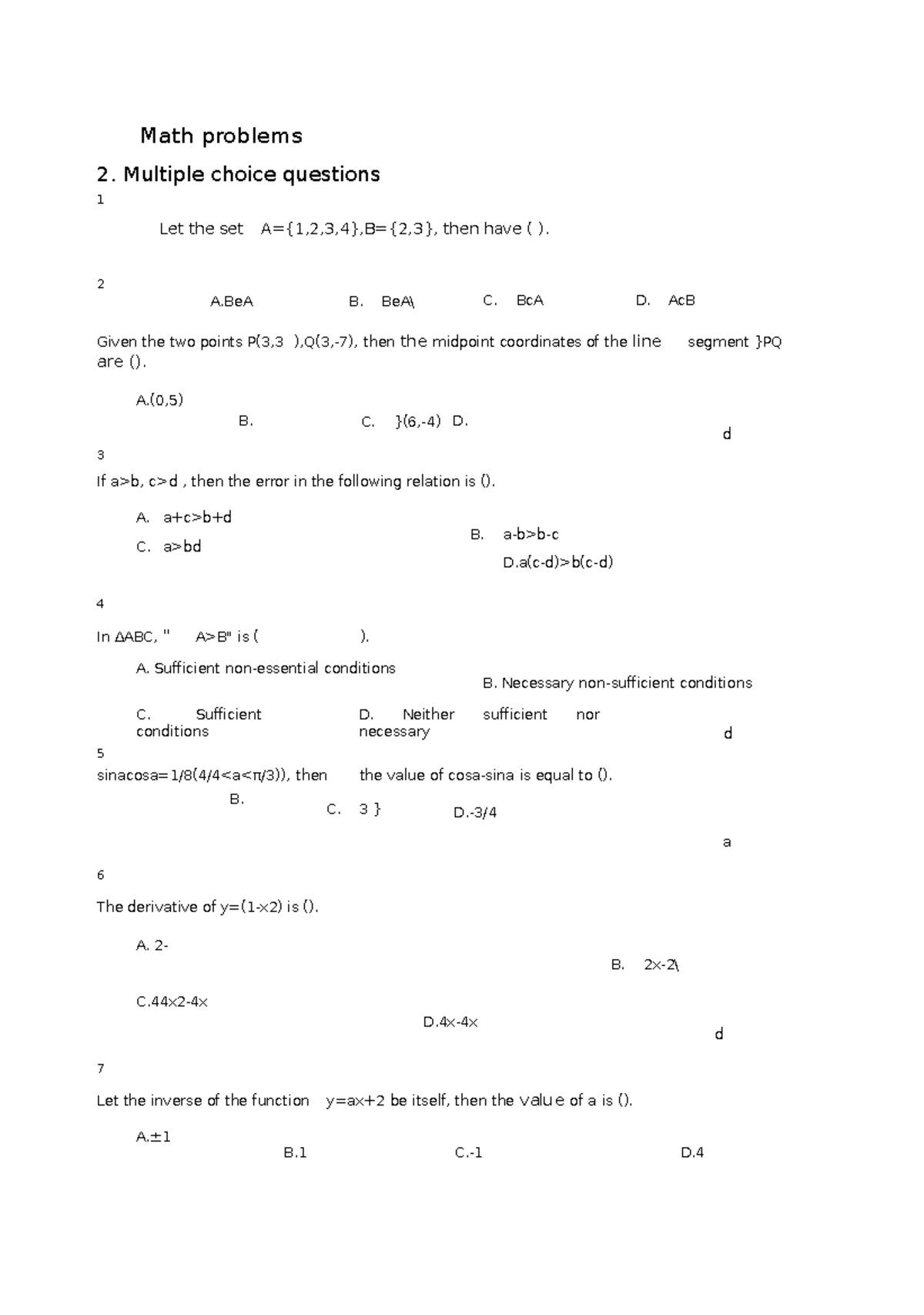 Math Problems 2: Multiple Choice Questions - Studocu