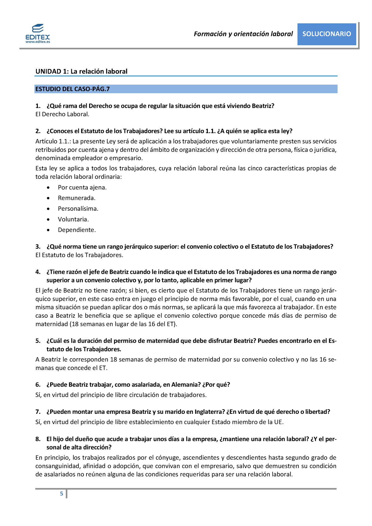 Solucionario FOL Unidad 1.pdf - UNIDAD 1: La Relación Laboral ESTUDIO ...