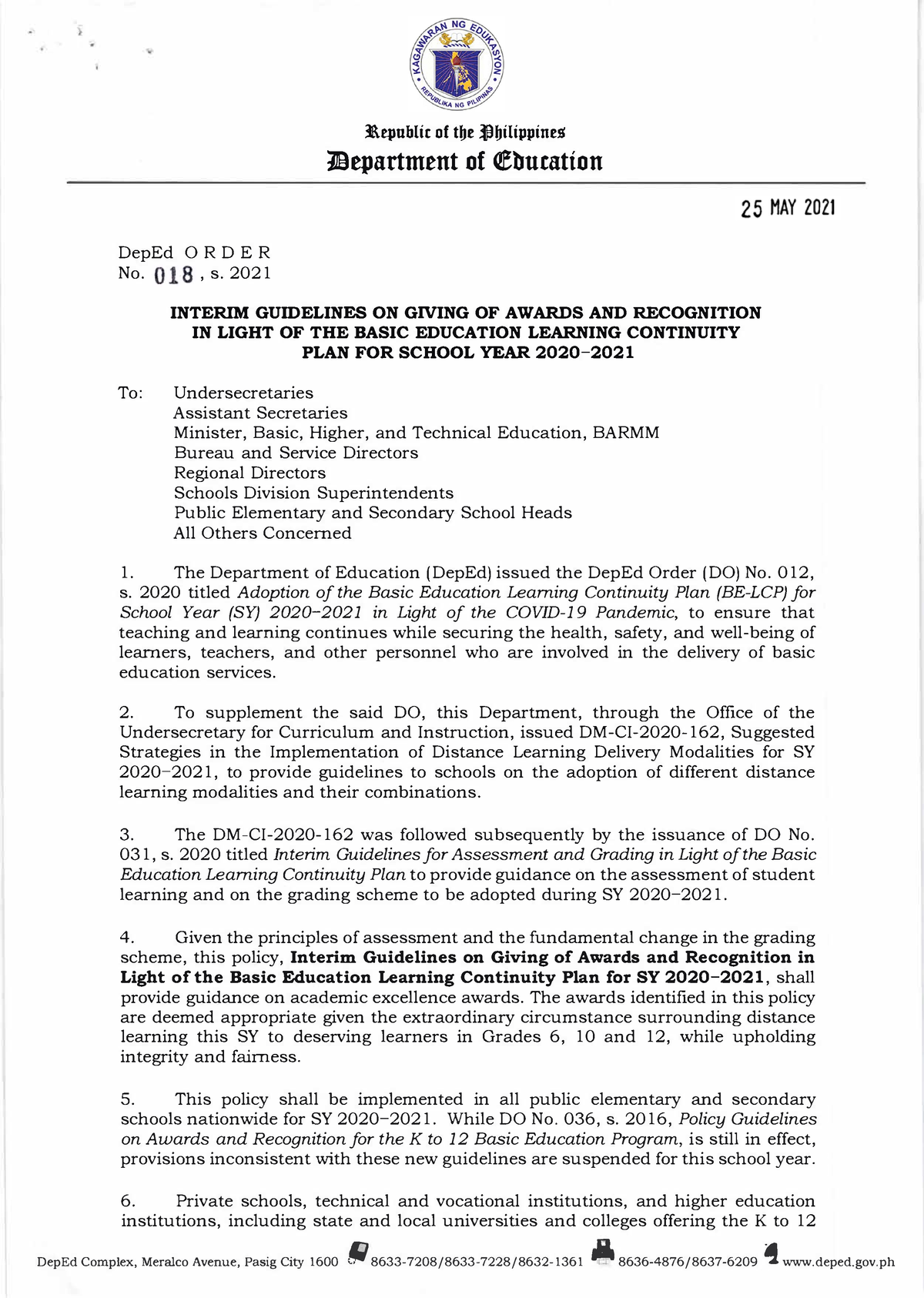 DO s2021 018 - DepEd Order - DepEd ORD ER No. , s. 2021 攀瀀ublic of tbt ...