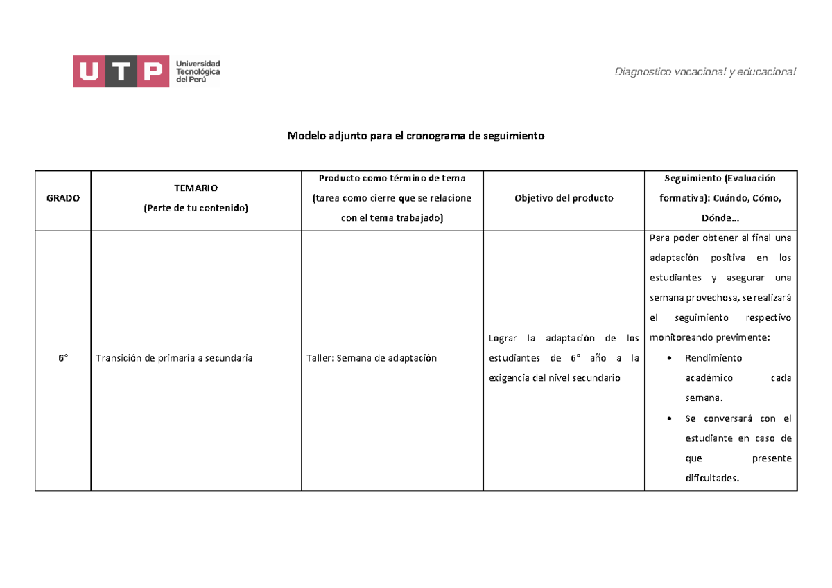 Semana 11 - PDF - Modelo adjunto de cronograma de seguimiento - Diagnostico  vocacional y educacional - Studocu