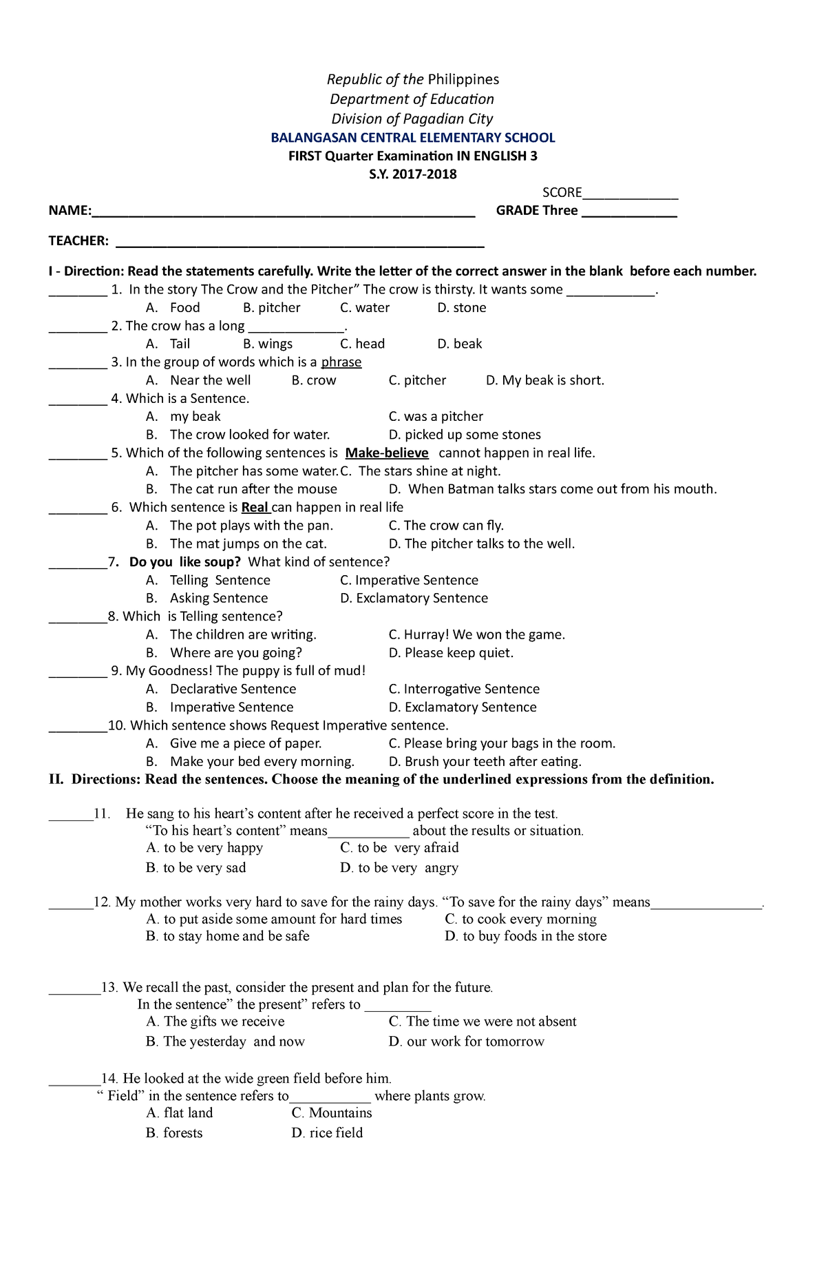 English 1st quarter test g3 - Republic of the Philippines Department of ...