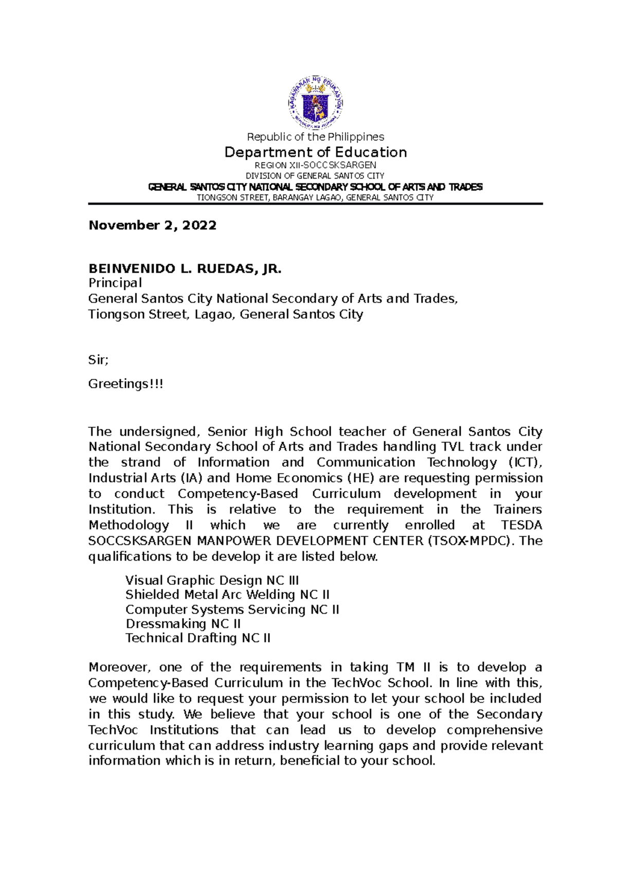 Letter Intent Intent Republic Of The Philippines Department Of