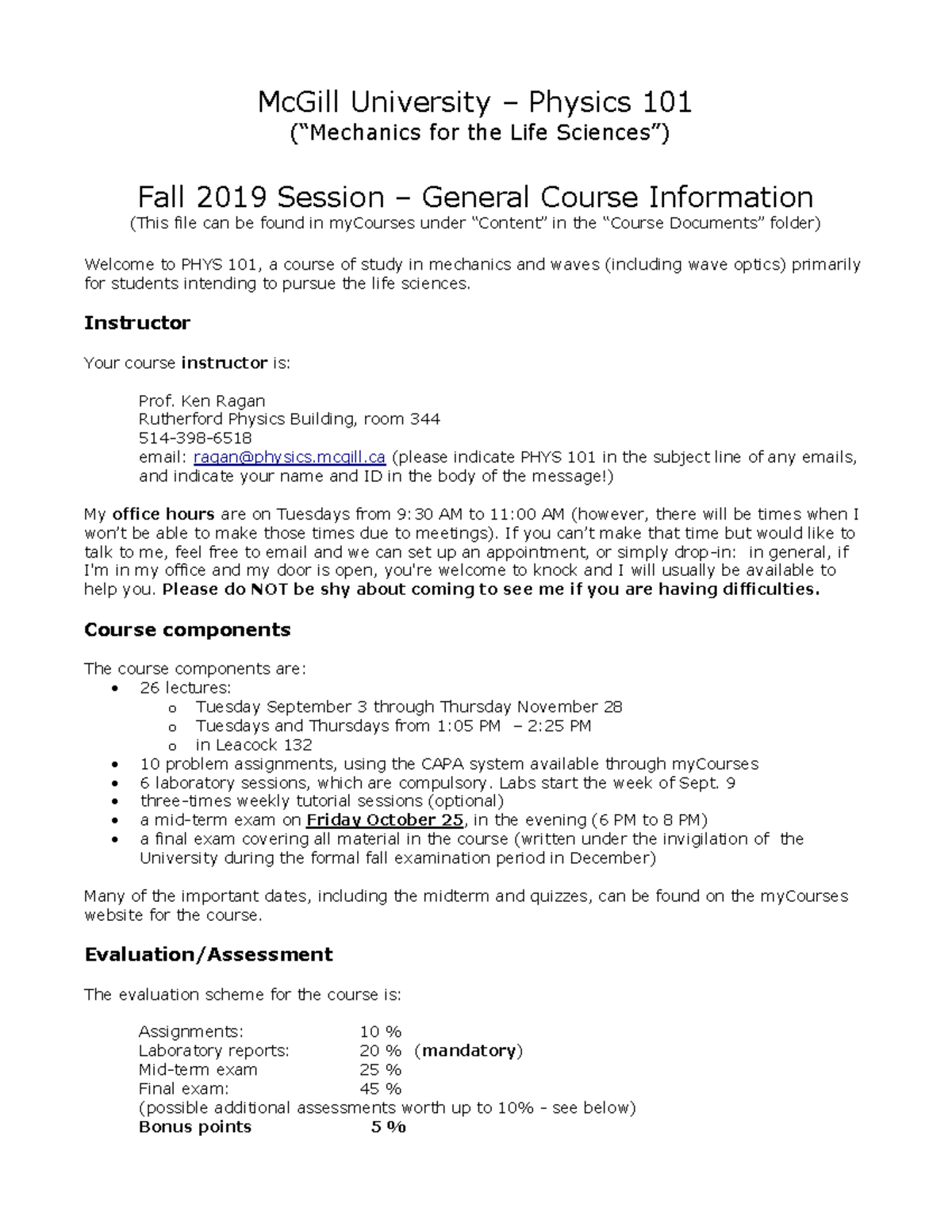Phys101 2019 course information - McGill University – Physics 101 ...