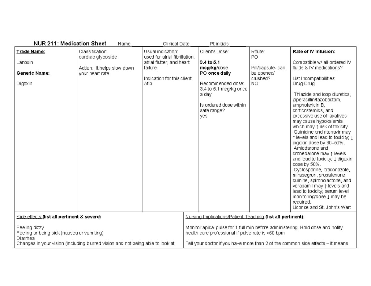 NUR 211 Medication Worksheet 4-22 - NUR 211: Medication Sheet Name ...